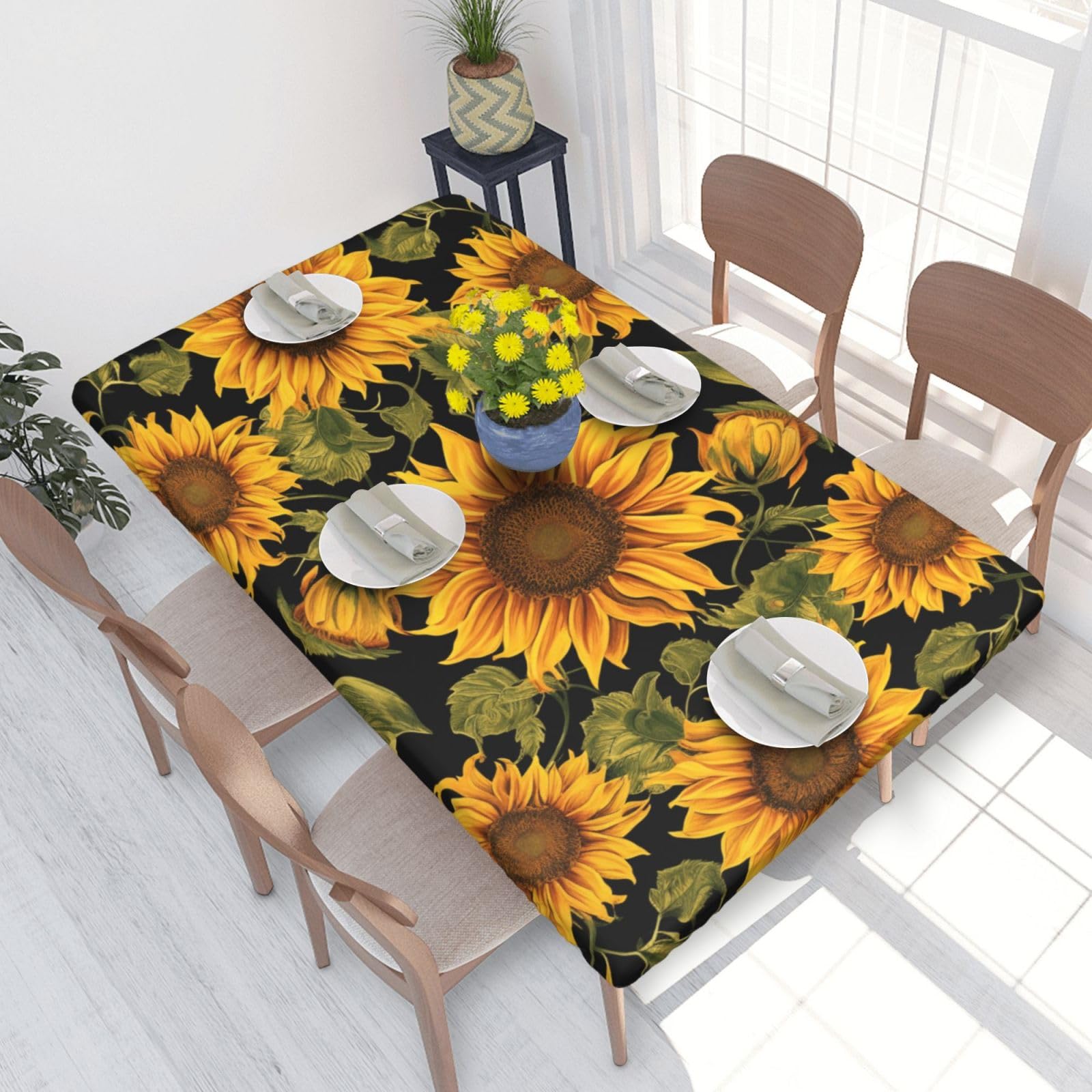 DCARSETCV Sunflower Pattern Printed 4FT Waterproof Tablecloth with Elastic Edged Protect & Decor Your Table, Oil-proof Washable Table Cloth Cover for Dinner Picnic Party