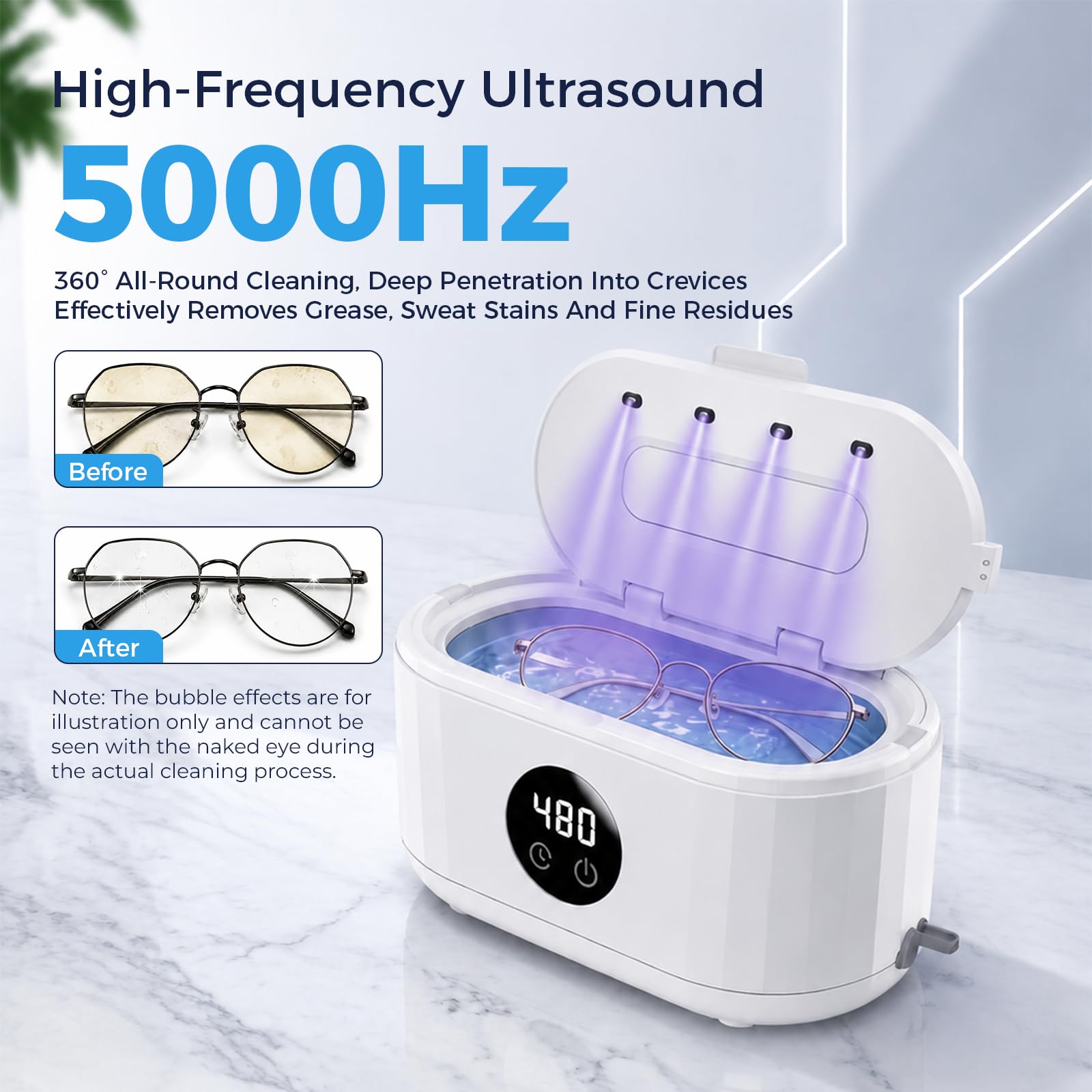 Dispositivo di pulizia a ultrasuoni, per gioielli, 420 ml, 49000 Hz, professionale, 5 modalità, con display per occhiali, gioielli, orologi e anelli