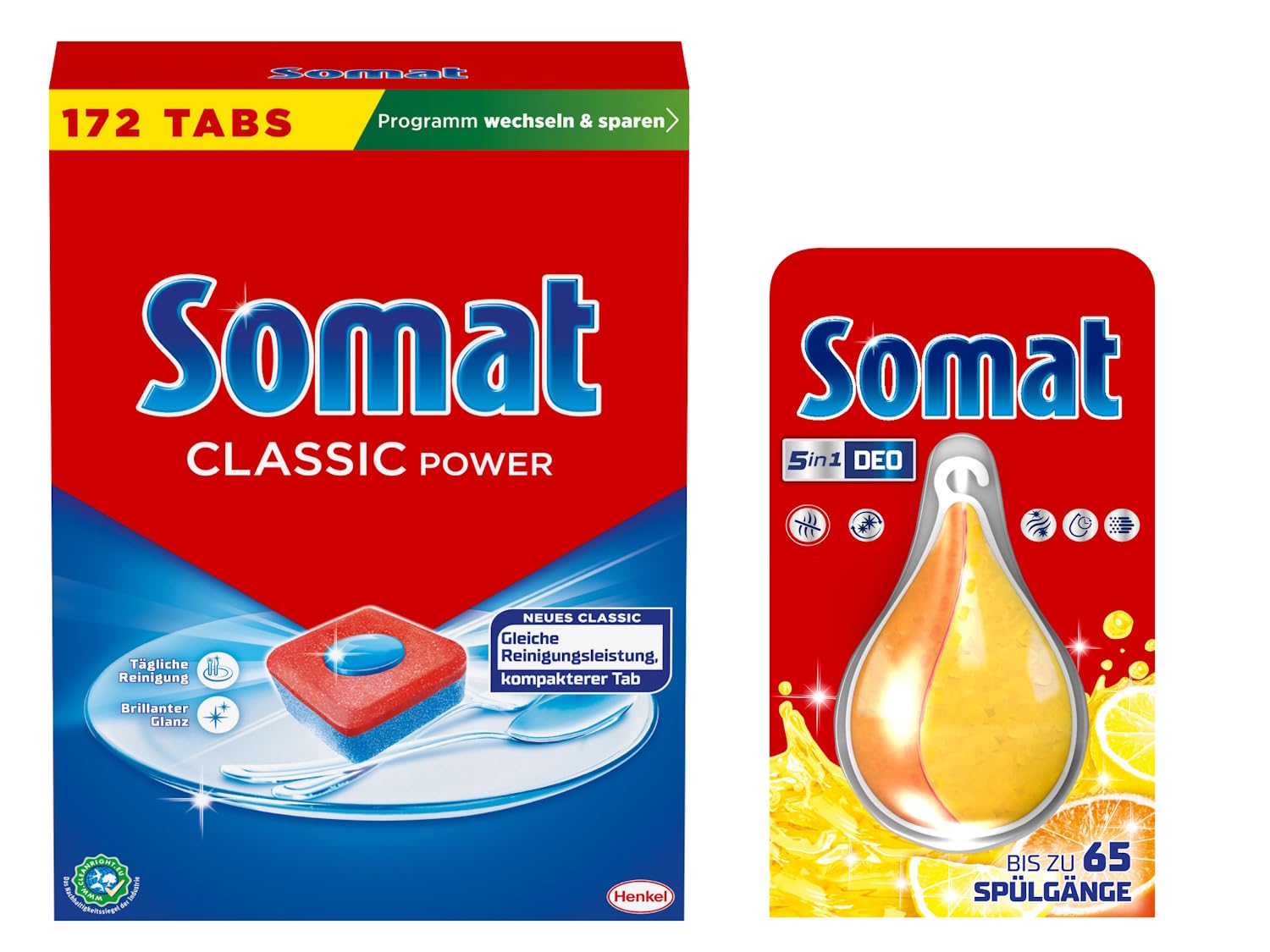 SOMAT Tabs 172 AW Classic Power, Geschirrspül Tabs mit Fettlösekraft für kraftvolle Reinigung, für sauberes Geschirr + Somat Duo Power Experten Deo Perls 60 AW Zitrone & Orange Duft 17g
