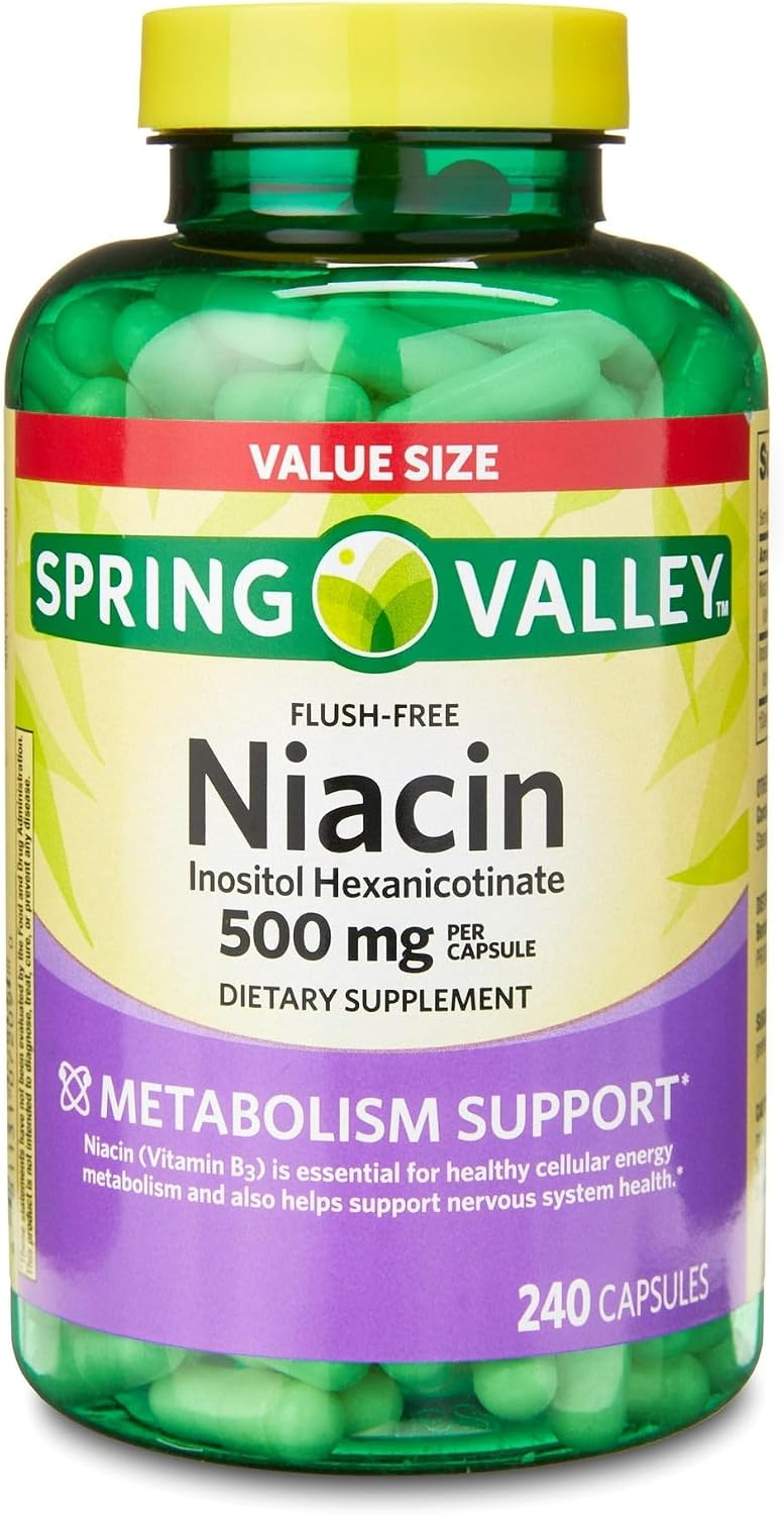 Spring Valley Vitamin B3 Niacin 500mg Flush Free Capsules, Dietary Supplement 240 Pills (Pack of 1) - Set by Basket Goods