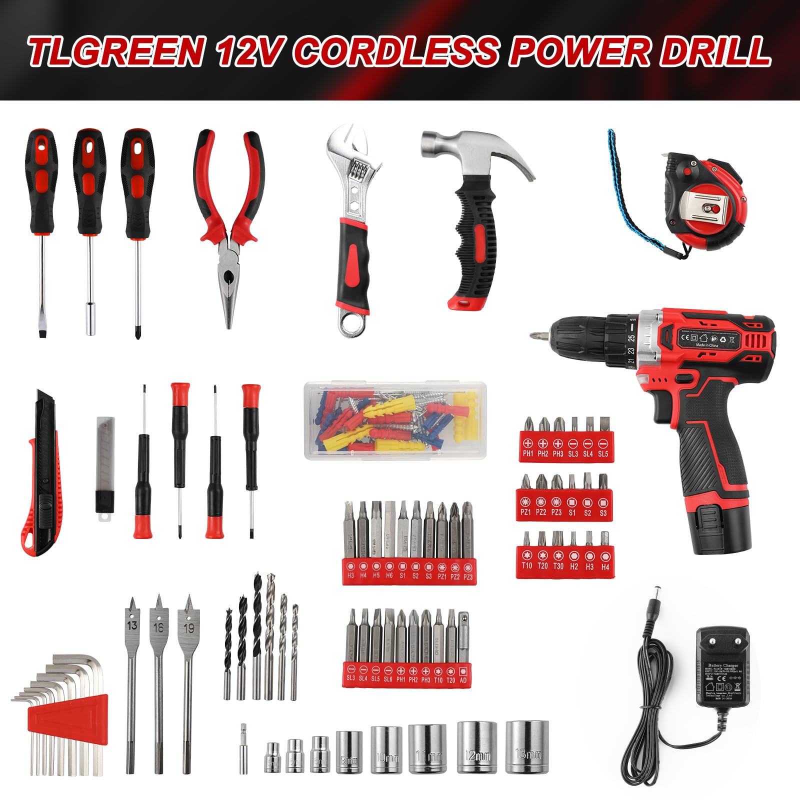 Cassetta Attrezzi con Trapano Avvitatore Batteria 12V, Valigia Utensili | Completa 138 pezzi Set di attrezzi, Set Completo di Punte Trapano a Percussione Per Casa Progetto, Fai da te (rosso)