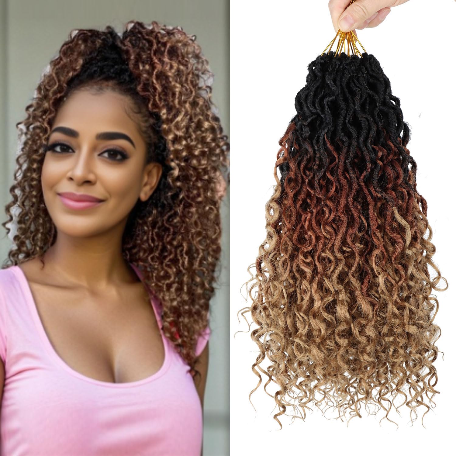 14 inch Goddess Locs Crochet Hair 8 Packs Faux Locs Crochet Hair for Women Pre Looped Hippie Locs Crochet Hair with Curly Ends Black 1b/30/27