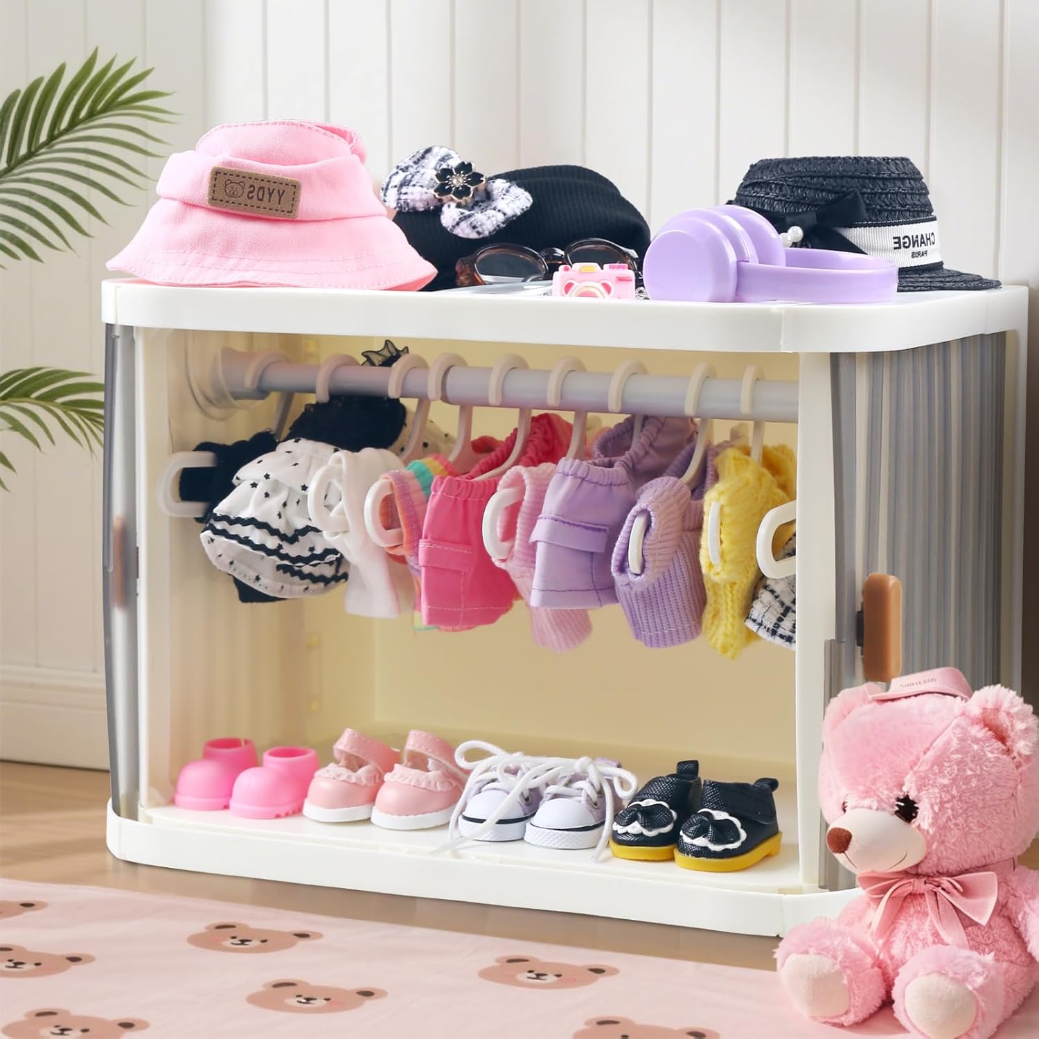 Foldable Doll Wardrobe Closet Storage Box Compatible with Labubu Clothes with 15 Hangers & Rod - Stackable Organizer Cabinet for 15/17cm Doll Clothes with Dust-Resistant Cover and Display Shelf