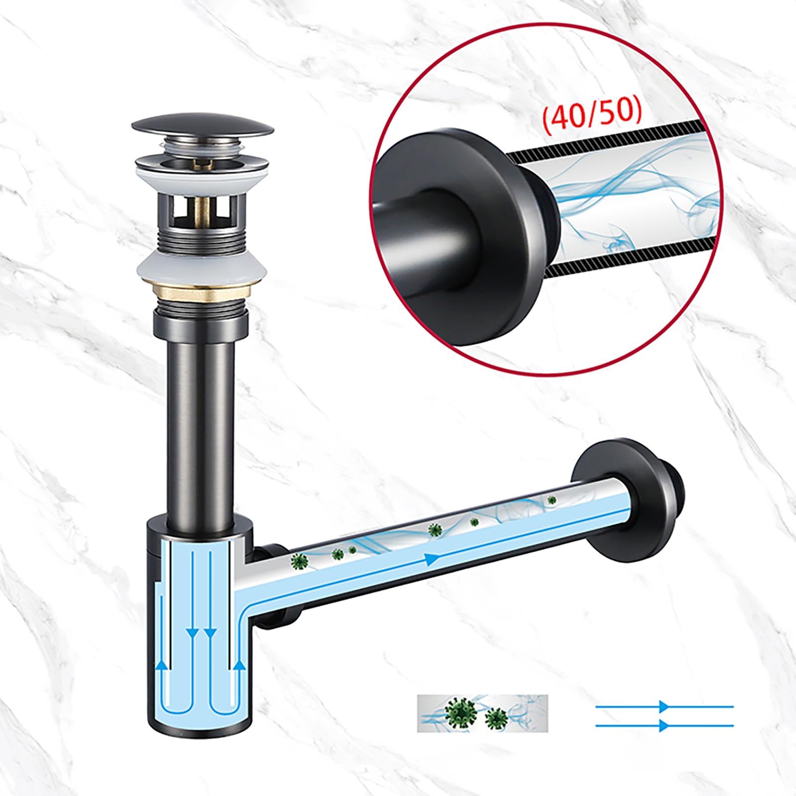 Sifon Lavabo con Válvula Click Clack Lavabo y Rebosadero,Anti-Odores,Regulable en Altura con Abertura de Limpieza,Kit de Desagüe Lavabo Desagüe Lavabo