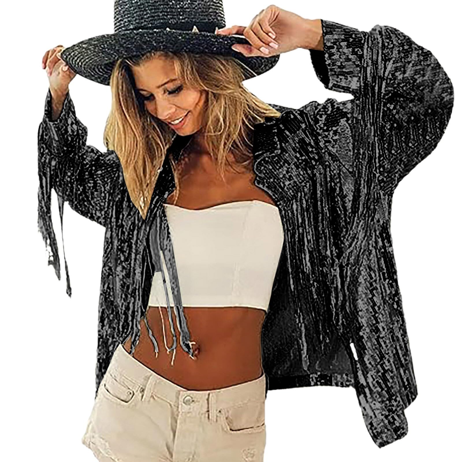 Veste bomber à paillettes et franges fluides pour danser en soirée