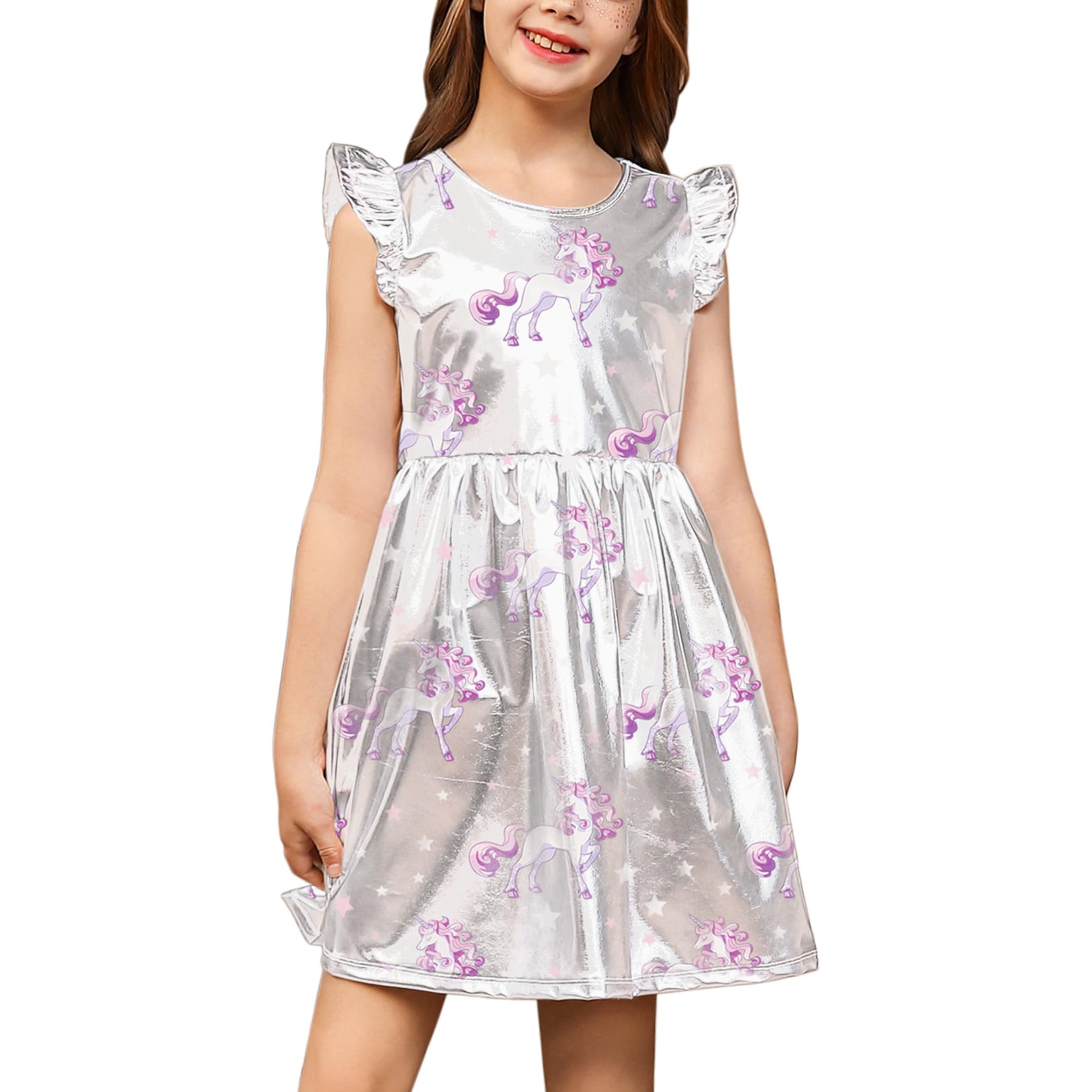 QPANCY Girls Party Dress Ruffle Sleeve Shiny Metallic Dresses Kids Disco Prom Outfits