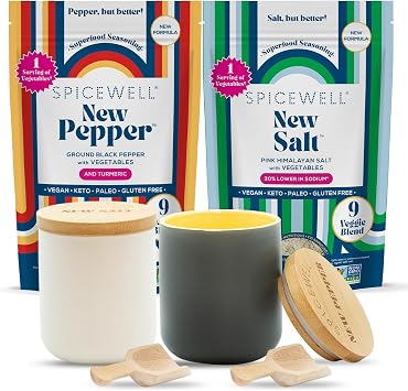 Salt & Pepper Ceramic Cellars with Bamboo Scoops, Colorful Pinch Pots in Gift Box Durable Stoneware for Spicewell Refills, Gift Set