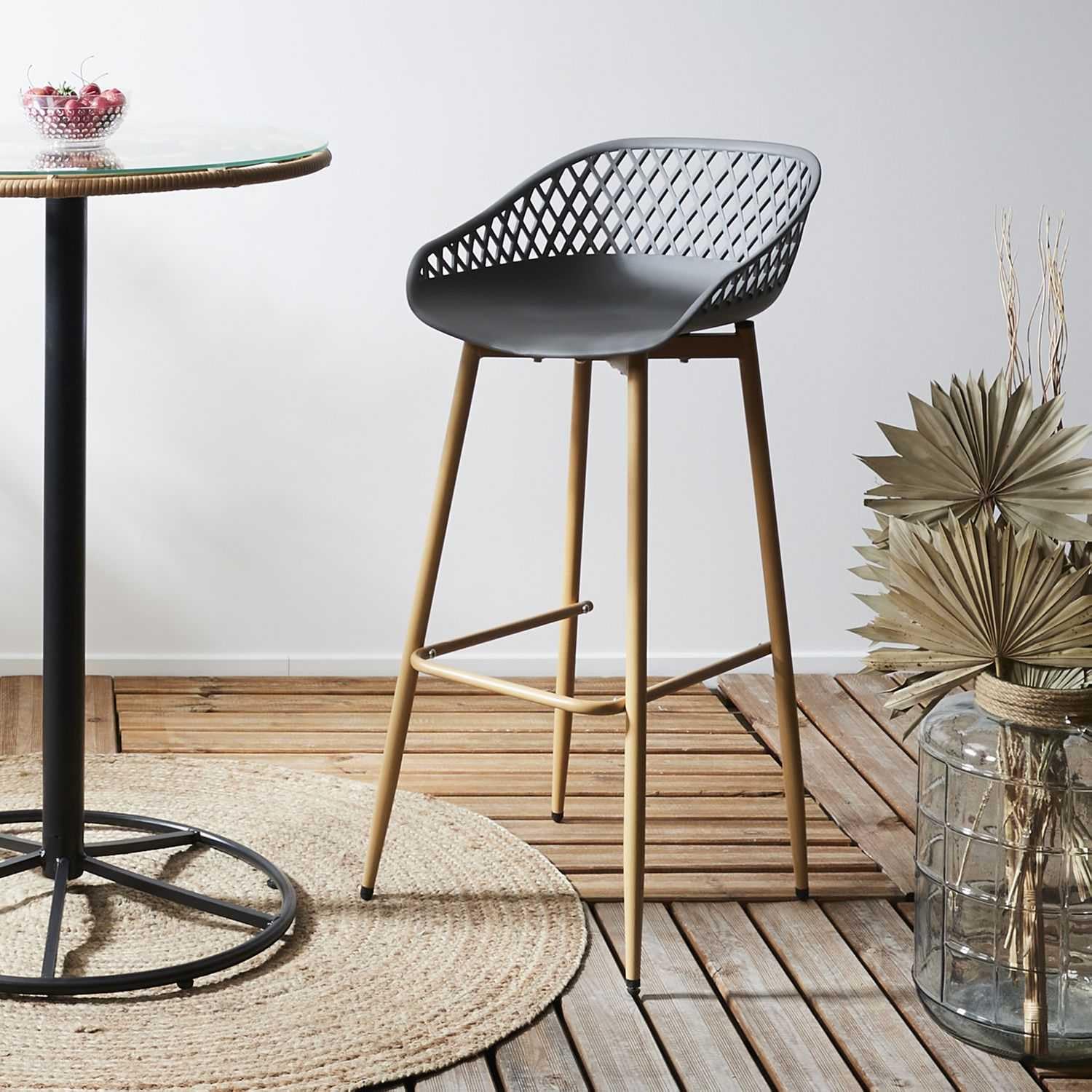 HOME DECO FACTORY Lot de 2 Tabourets de Bar Malaga Extérieur Gris et Marron