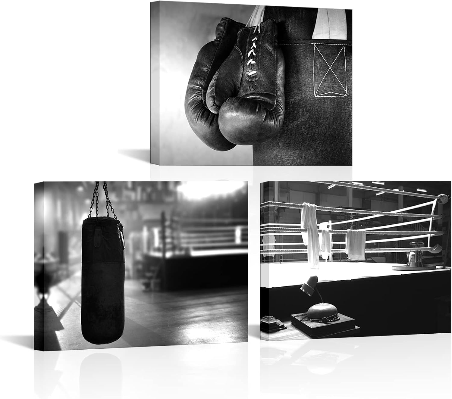 RnnJoile 3 Piece Boxing Canvas Art Wall Decor Gym Pictures for Home Wall Black White Sport Prints Artwork Framed 16"x20" (Medium)