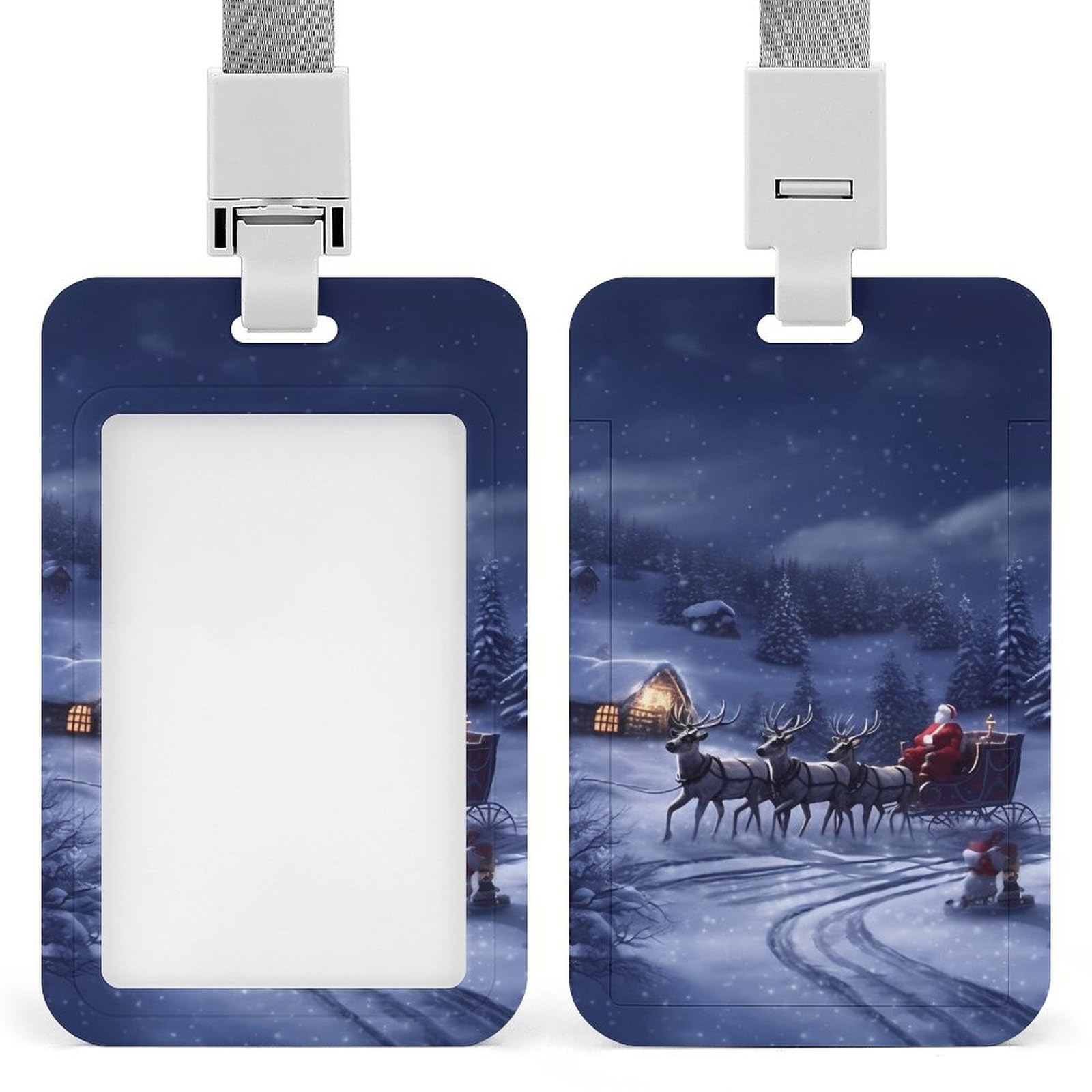 ID Card Holders for Lanyard,Snow Night Santa and Deer Printed Badge Holder with Clear Window,Plastic Vertical Bus Pass Holders for Work Teacher Nurse Employees Proximity Key Cards Women Men