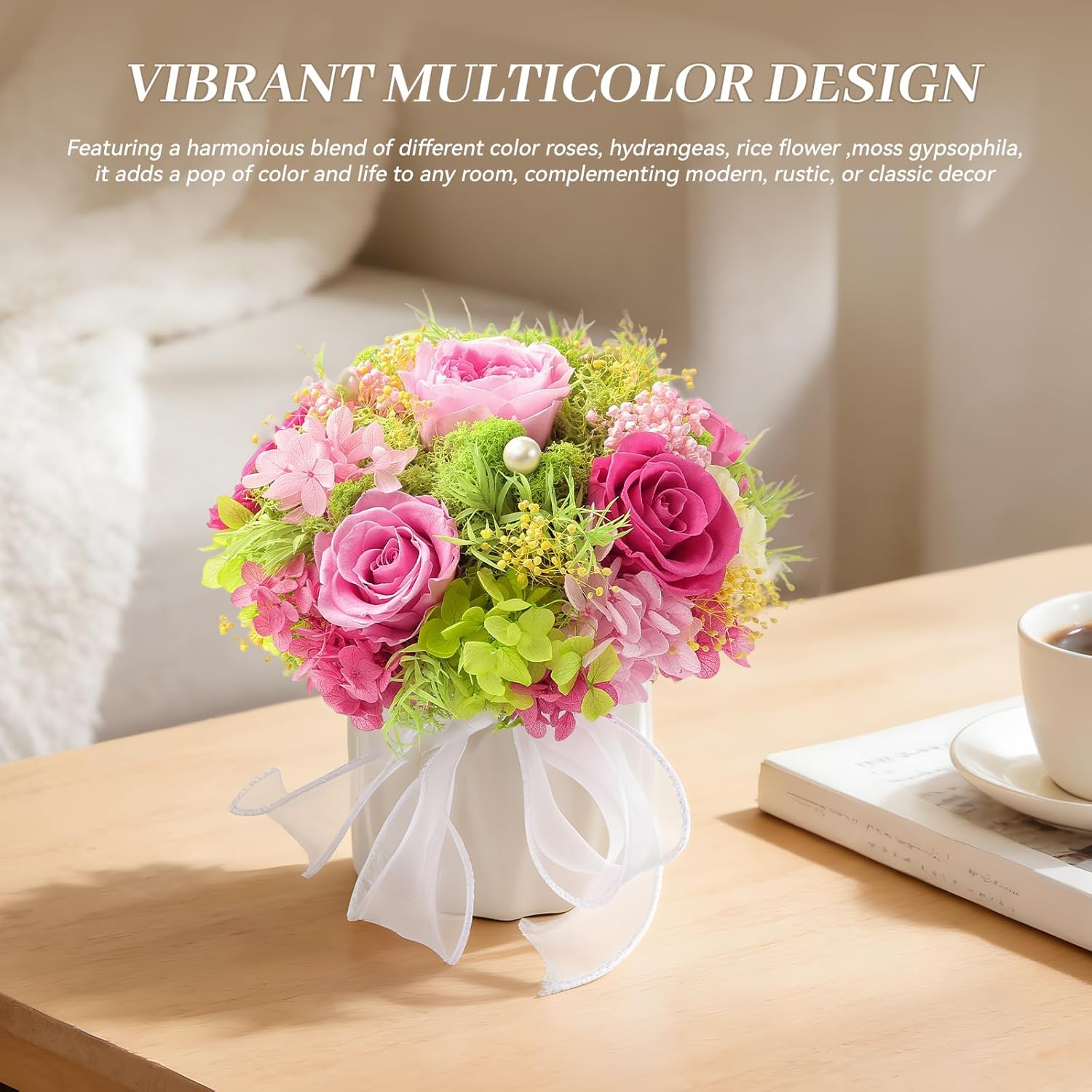 Preserved Flower Bouquet with Vase for Delivery Prime, Natural Forever Rose (Pink Eternal Floral Arrangement)