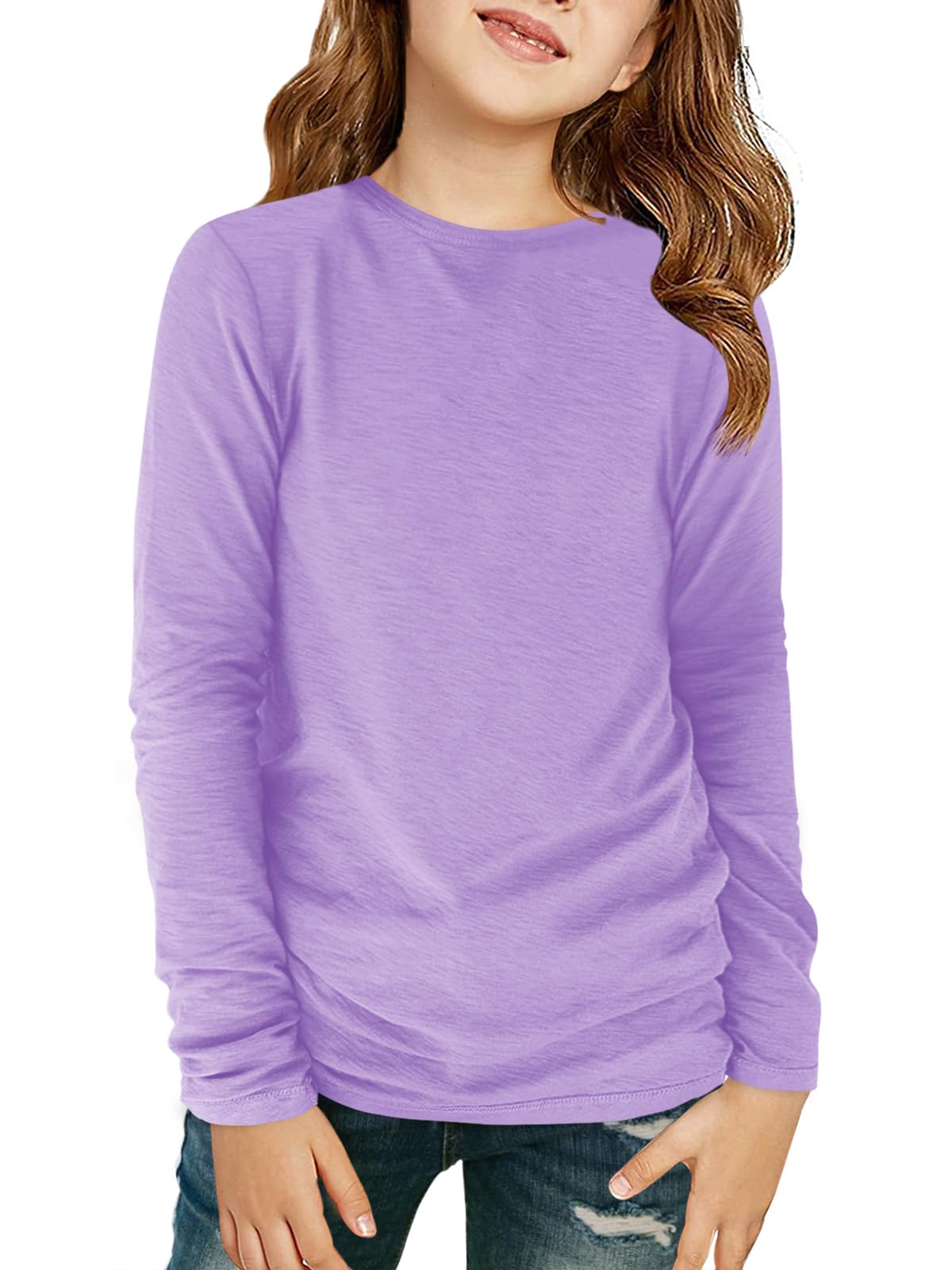 Haloumoning Girls Long Sleeve Crewneck T-Shirts Fall Tops 5-14Y | Solid Color Tees,Fashion Clothes