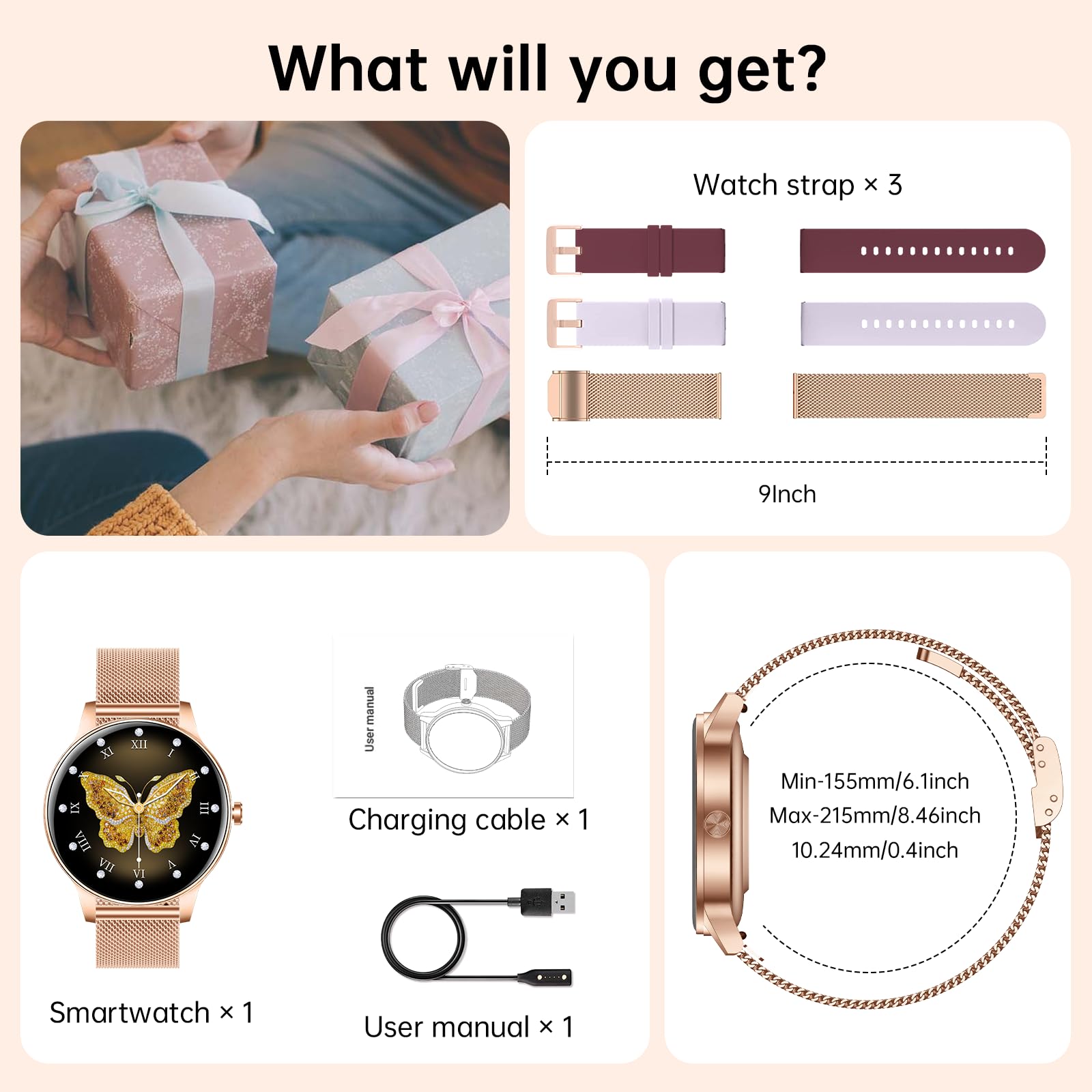 Smartwatch für Damen (Annehmen/Tätigen von Anrufen), 3,2 cm (1,25 Zoll) HD-Bildschirm, Fitness-Tracker mit Herzfrequenz-/Schlafmonitor, 130+ Sport-Modi, IP68 wasserdicht, Aktivitäts-Tracking