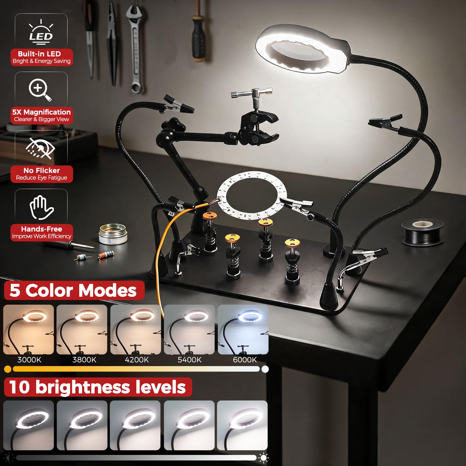 NOEVSBIG Stazione di saldatura Helping Hands con lampada di ingrandimento 5X, super morsetto a 360°, 4 morsetti a mano, bracci flessibili, strumento di terza mano per riparazione elettronica PCB fai