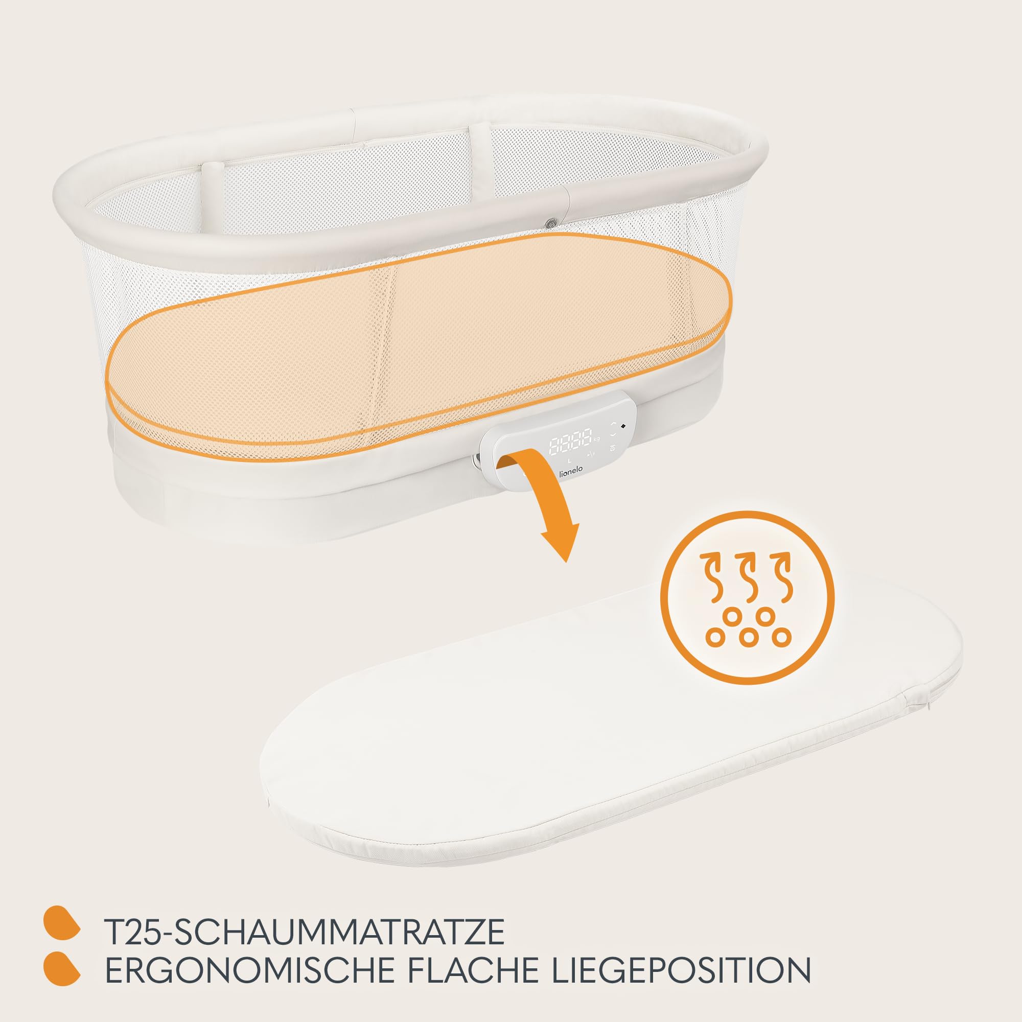 Lionelo Coral 3 IN 1 Kinderbett bis 9 kg, Wiege, Babywaage, 5 Schaukelgeschwindigkeiten, 12 Melodien, 4 Rollen, Ergonomische Matratze, Timer, Fernbedienung, Moskitonetz
