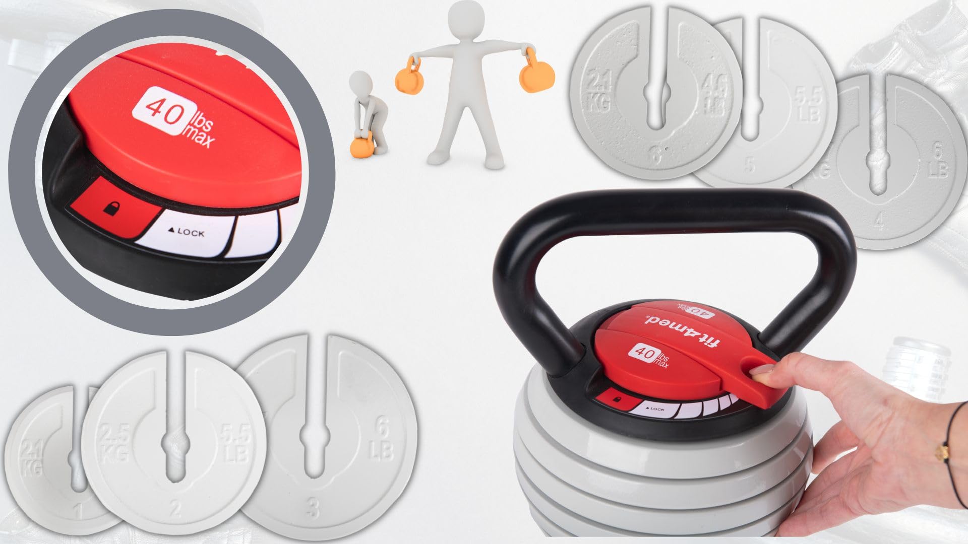 Regulowany Kettlebell, Żeliwny z ABS, 3,5-18,1 kg, 6 Talerzy Obciążeniowych, 28 cm Wysokości, Czarny, Model FIT-954