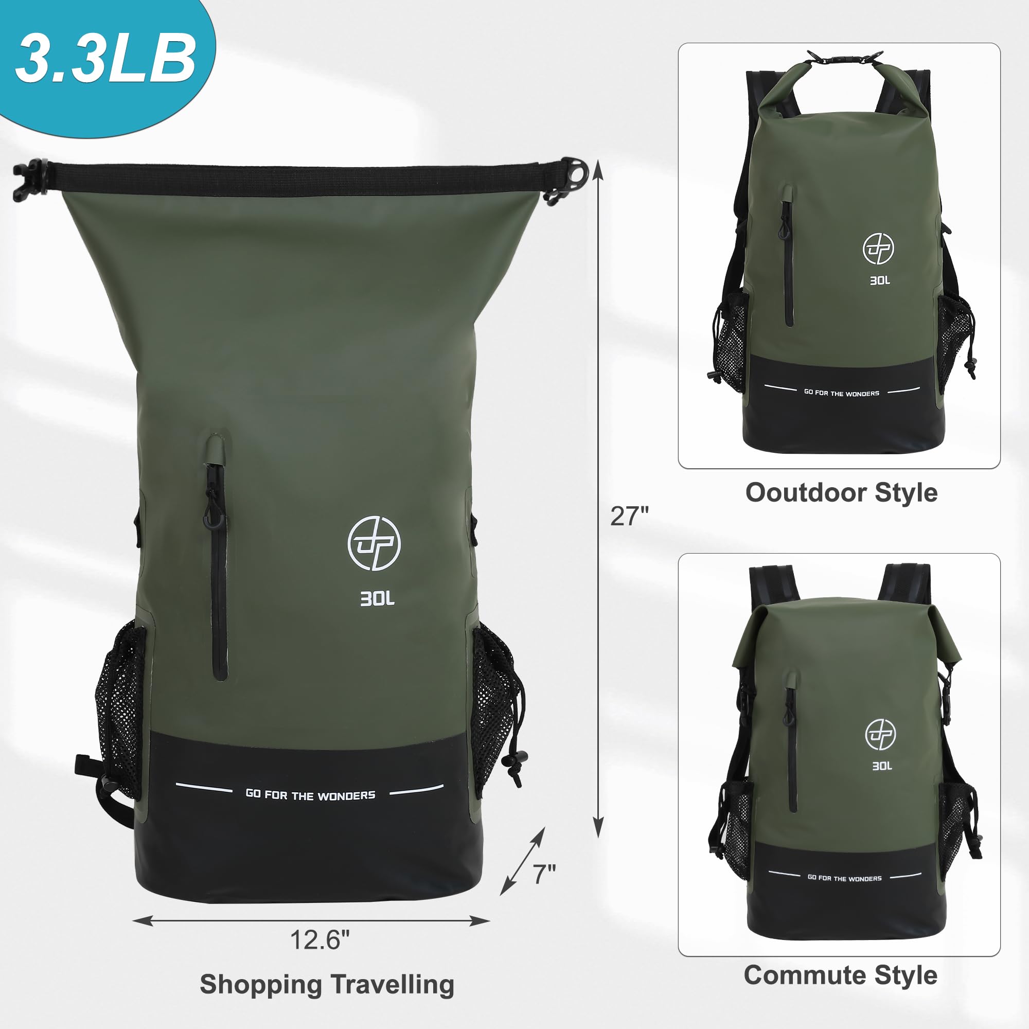 UPWELL Wasserdichter Trockentasche, 30 l, Boot-Rucksack für Reisen, Wandern, Camping, Kajakfahren, Wandern, wasserdichte Taschen