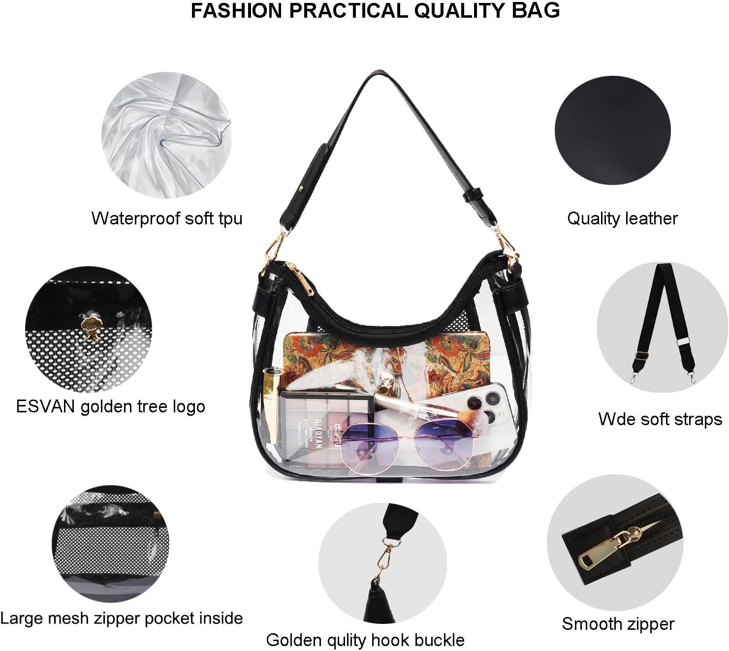 Clear Shoulder Bag for Women – Stadium-Approved Cute Hobo Tote, Crossbody Handbag & Mini Clutch Purse - Image 3