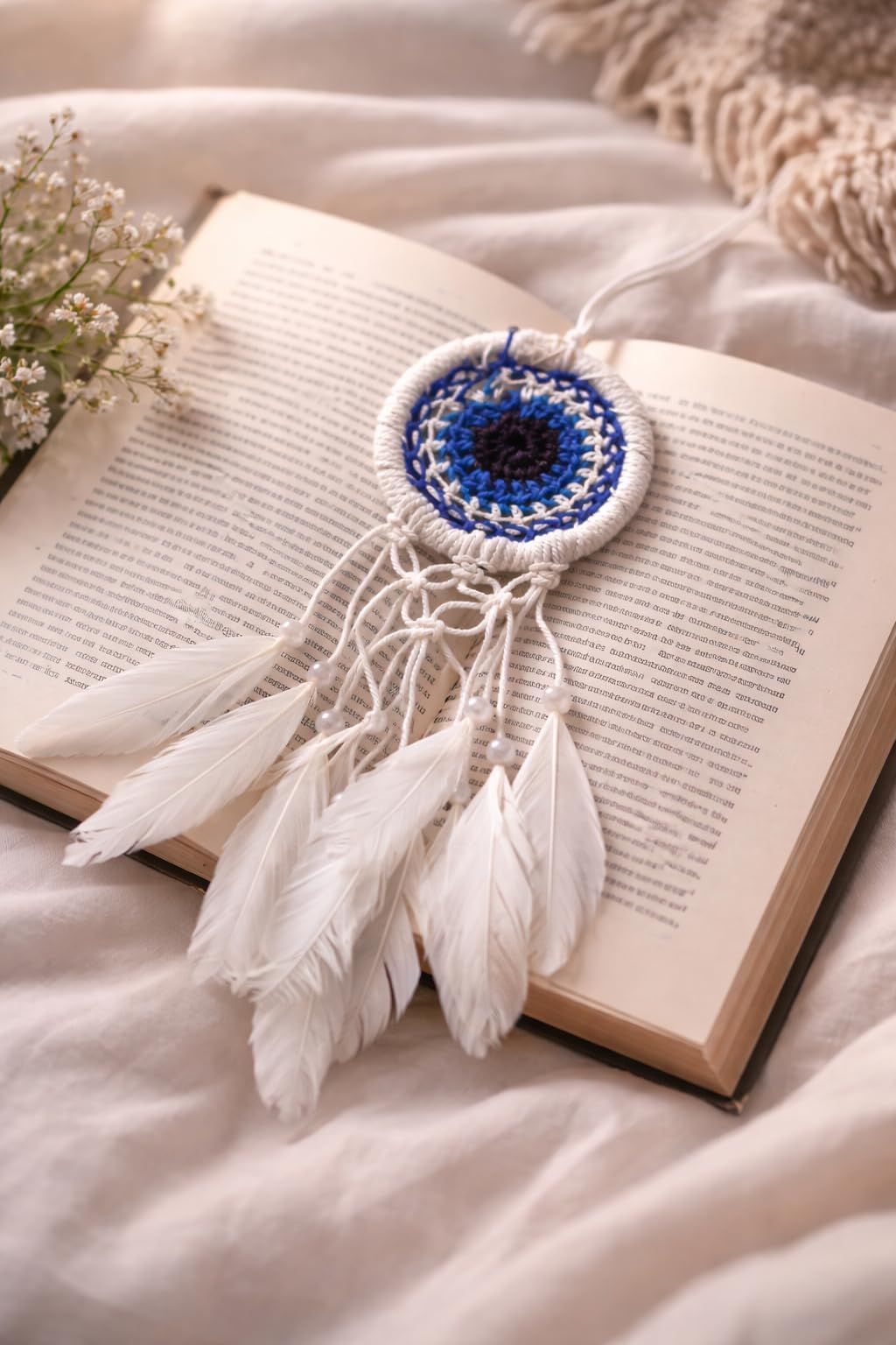 Handmade Evil Eye Dream Catcher with White Feathers – Blue Woven Wall Hanging for Bedroom, Nursery, Boho Home Décor & Protection Charm (Evil Eye)-image-16