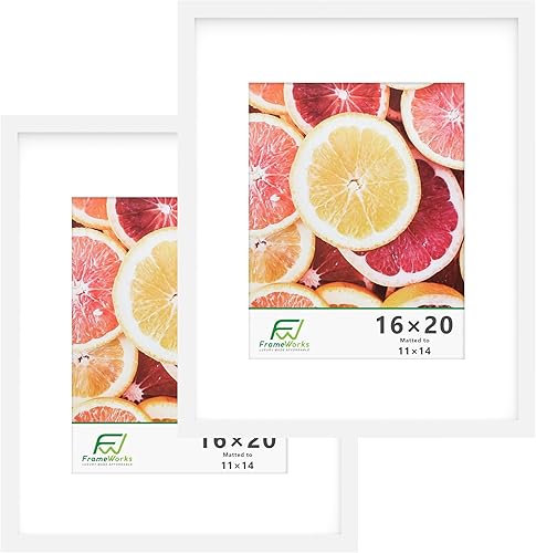 FrameWorks Paquete de 2 portarretratos de 16 x 20 pulgadas con mate a 11 x 14 pulgadas, color blanco, marco de fotos clásico de madera con vidrio
