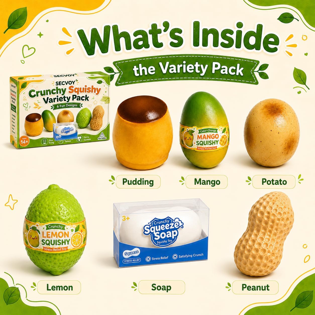 6 Pack Crunchy Squishy Set, Slow Rising Crunchy Squishies ASMR Filled, Squeeze Stress Relief Balls for Adults, Includes Pudding Mango Potato Lemon Soap Peanut image 2