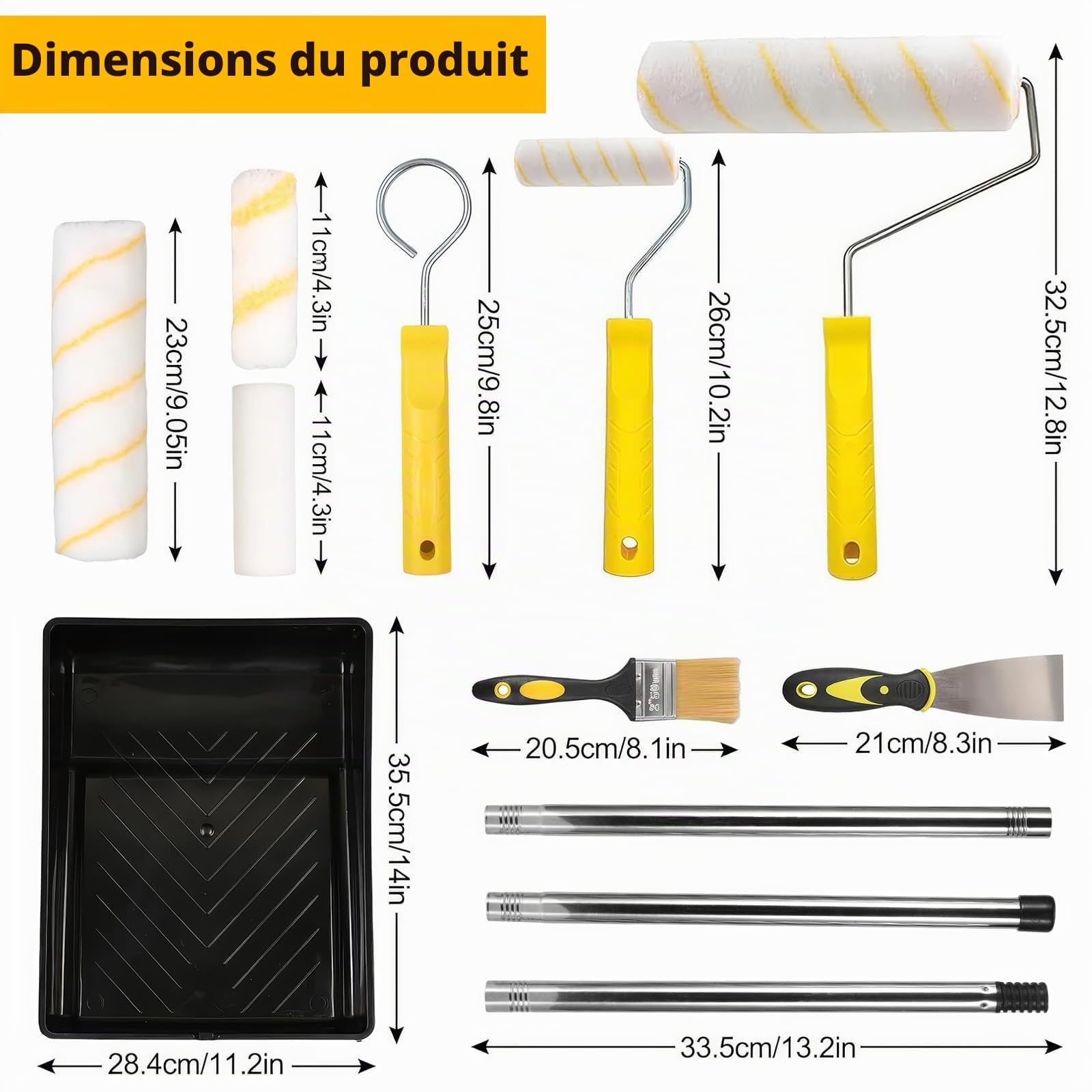 Lot de 15 rouleaux de peinture de 22,9 cm avec manche d'extension, comprend un plateau de peinture, un pinceau, des rouleaux, un mélangeur de peinture, un grattoir pour peinture pour murs et plafonds