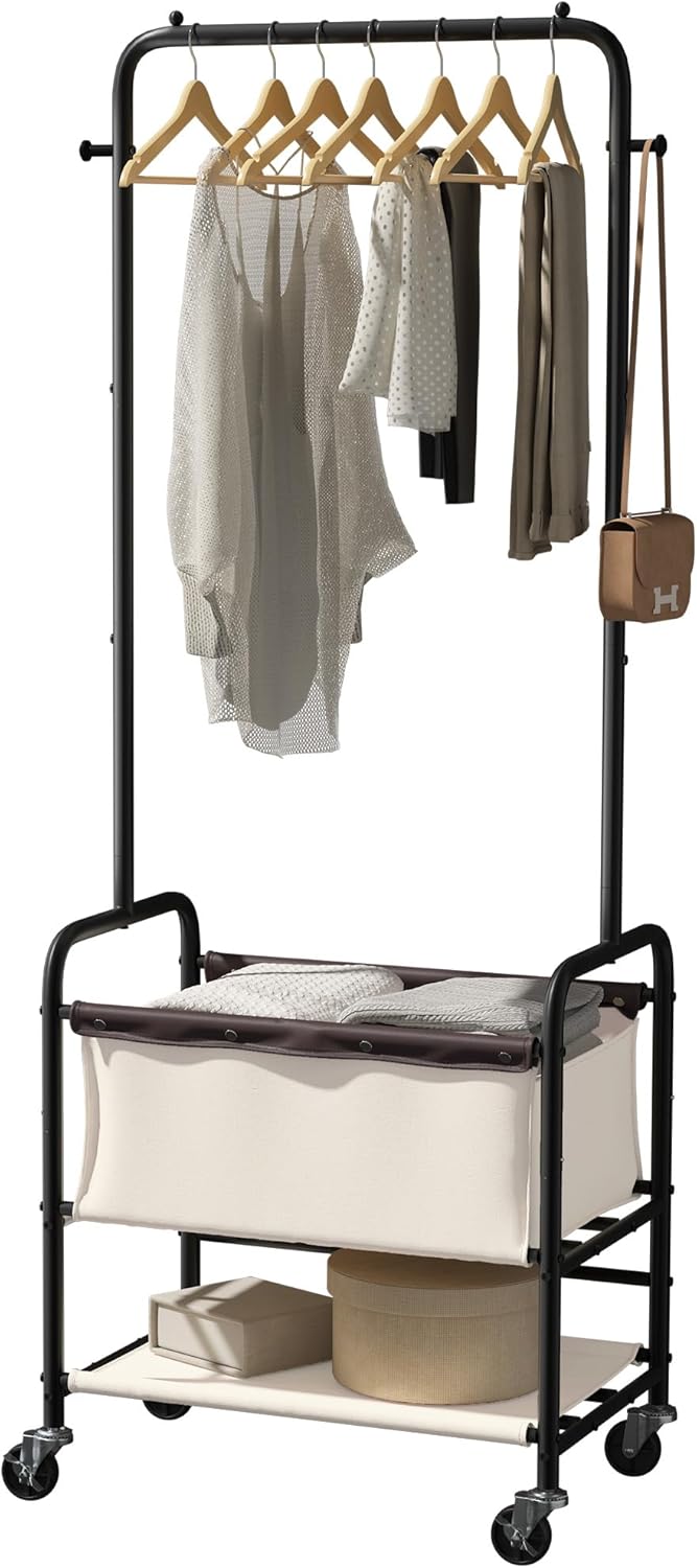 StorageWorks Laundry Cart with Hanging Rack, Rolling Laundry Hamper, Laundry Basket with Wheels, Laundry Room Clothes Sorter Storage Basket and Shelf, Beige