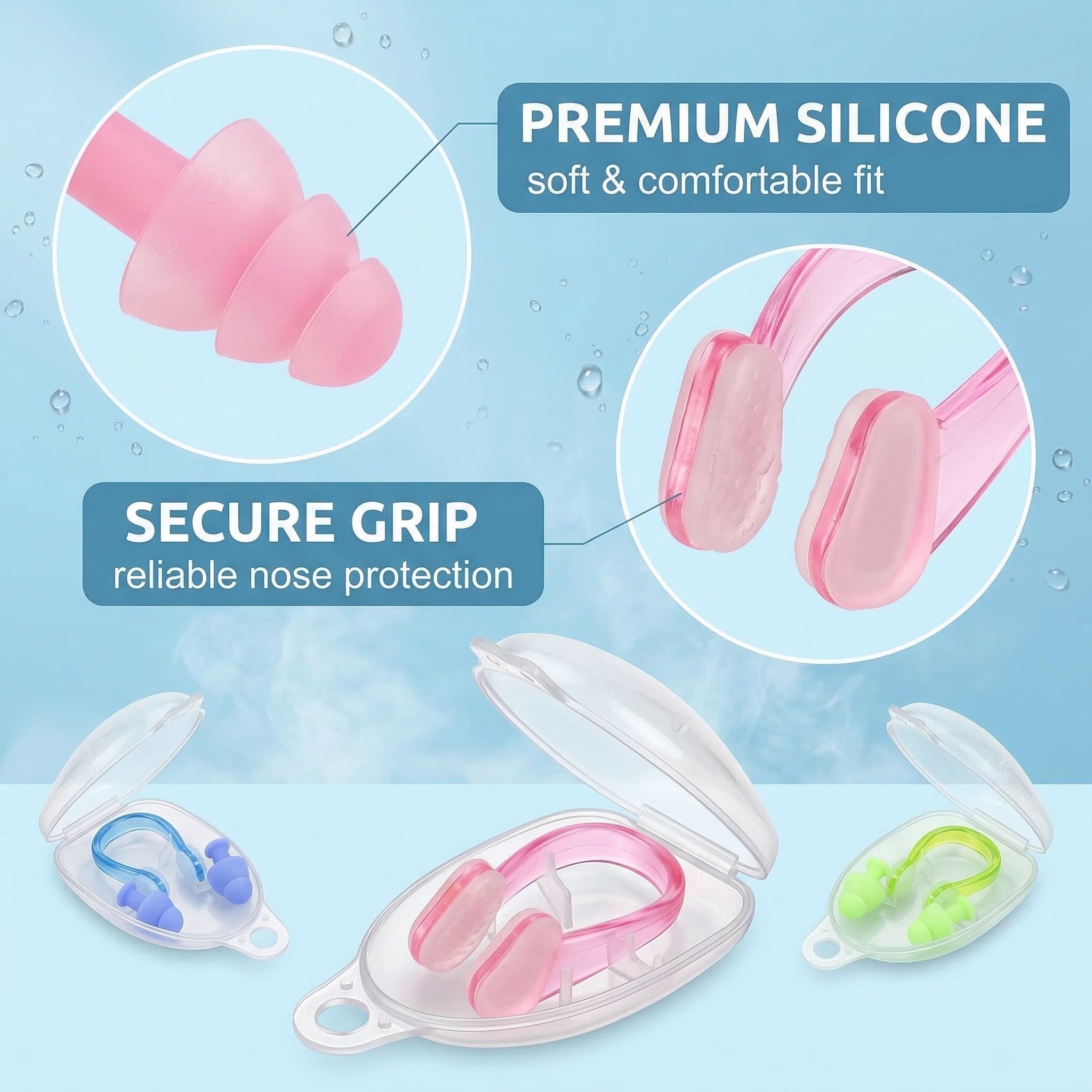Pack de 3 Juegos de Tapones para Oídos y Pinzas para la Nariz de Natación, Silicona, Impermeable, Adultos y Niños
