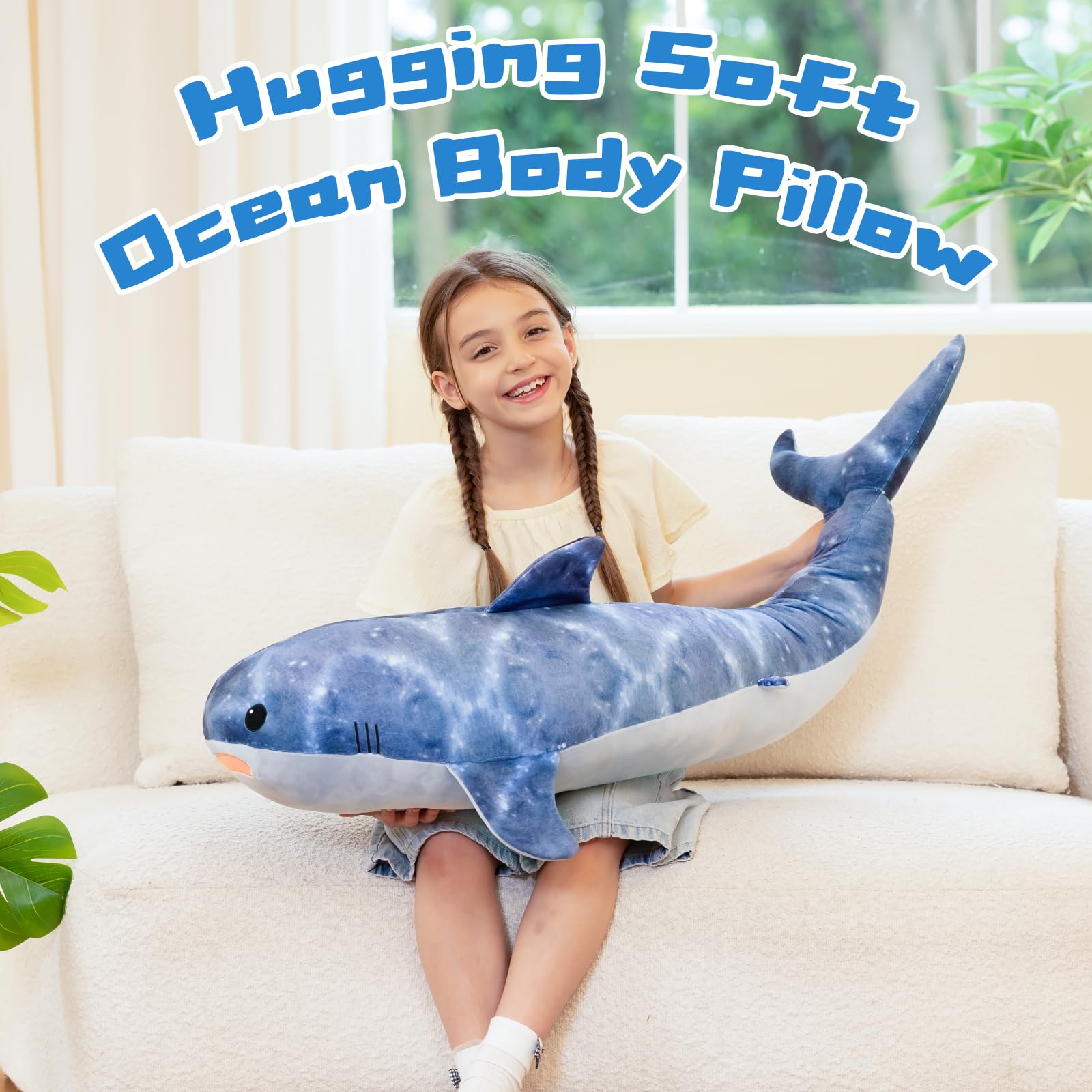 KERTA 4ft Giant Whale Shark Stuffed Animal, S-Shape Stuffed Shark Plush Toy for Boys Girls, Hugging 47inches Soft Long Ocean Whale Shark Plush Body Pillow for Sleeping 4