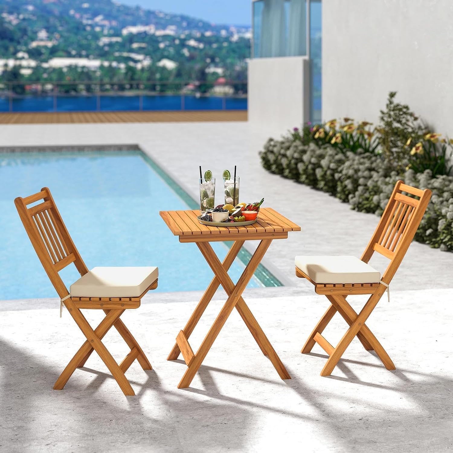 HAPPYGRILL Folding Patio Chairs Set Acacia Wood Outdoor Dining Chairs with Slatted Backrests and Soft Seat Cushions for Porch, Backyard and Garden