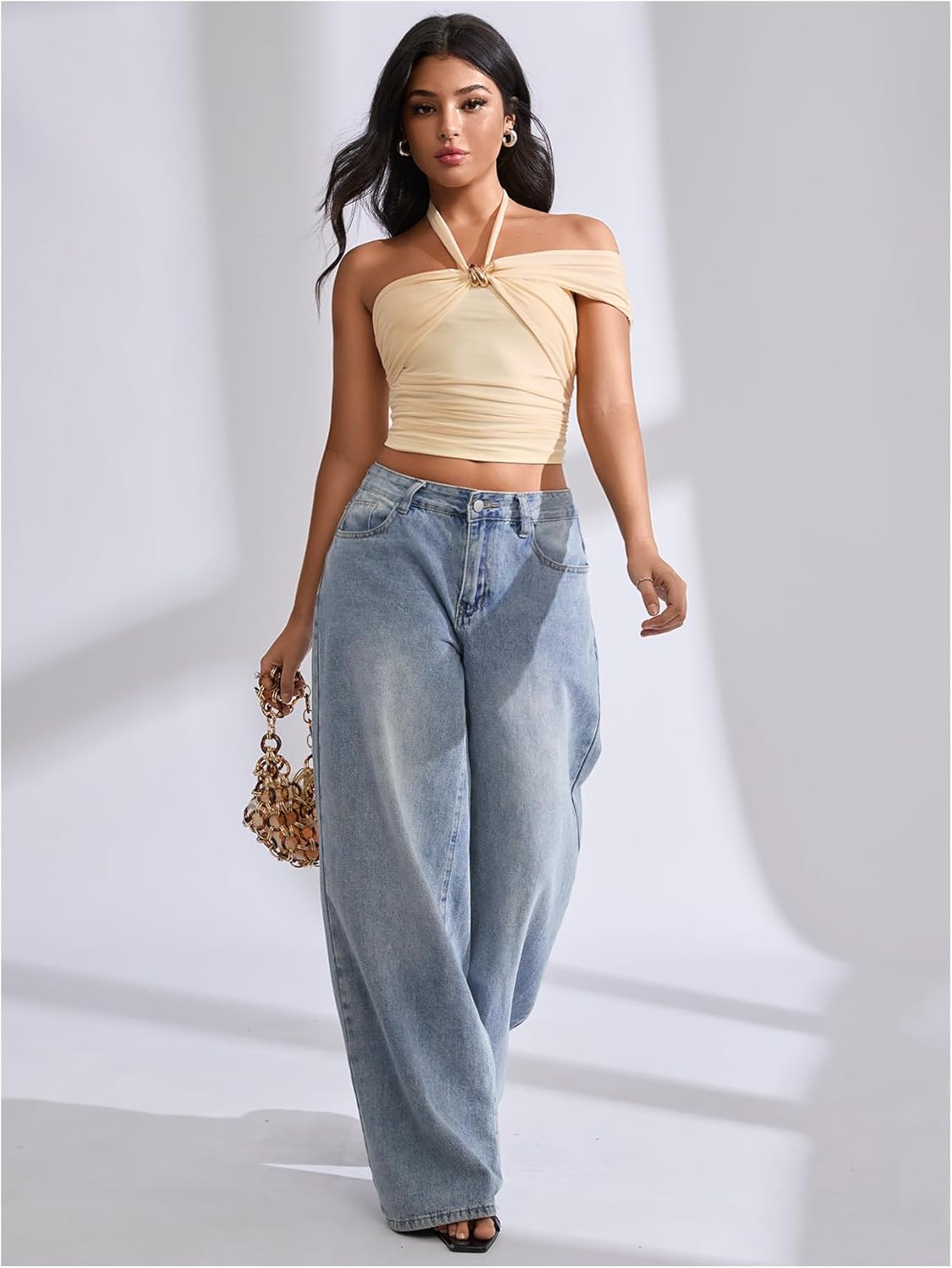 Women's Asymmetrical Ruched Halter Tops Metal Mesh Sleeveless Going Out Crop Top - Image 4