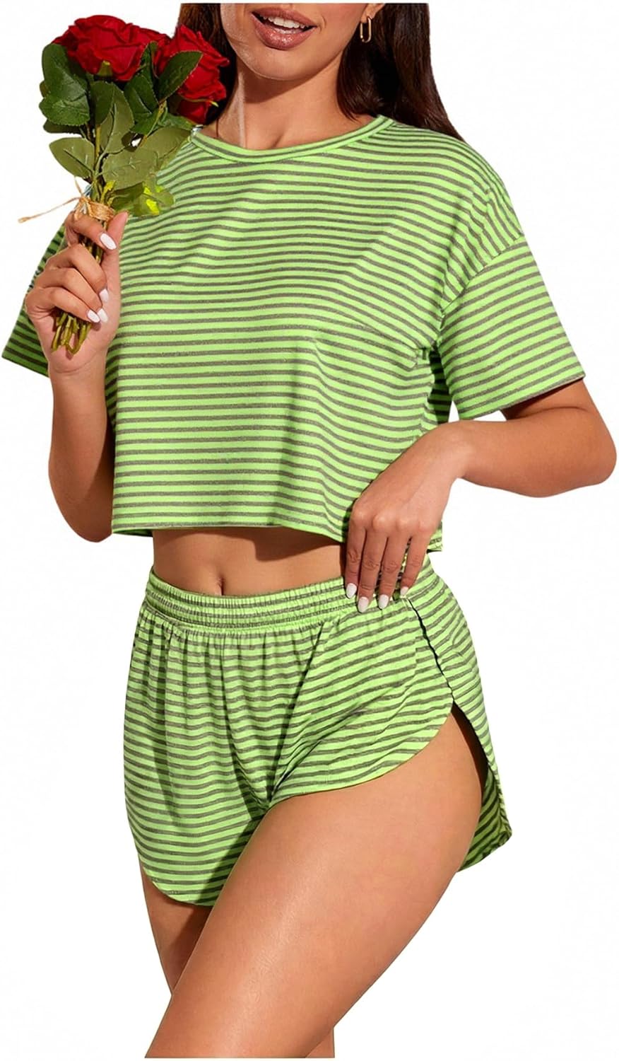 OYOANGLE Women's 2 Piece Summer Pajama Set Cute Pj Sets Striped Print Short Sleeve Tee and Side Split Shorts Set