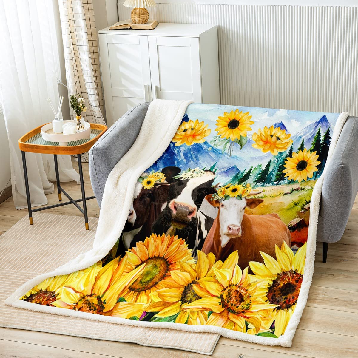 Słonecznik krowa polar narzuta koc kwiat kwiaty zwierzęta sherpa koc na łóżko sofa dzieci 3D zwierzę natura zmysłowość pluszowy koc ciepły puszysty koc podwójny 152 x 180 cm
