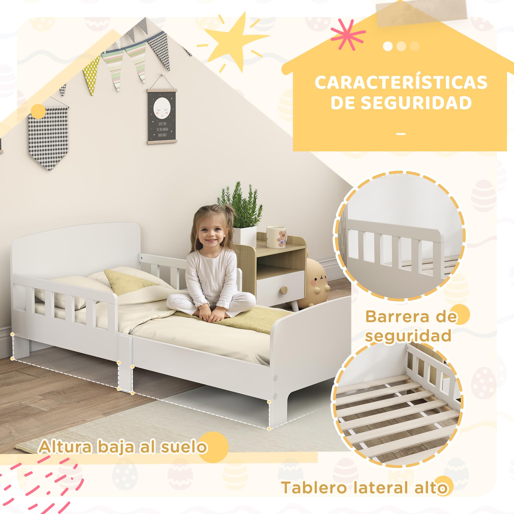 AIYAPLAY Cama Infantil 70x140 cm con Barrera Anticaídas y Somier, Blanco | Cama para Niños, para Niños y Niñas de 3-8 Años