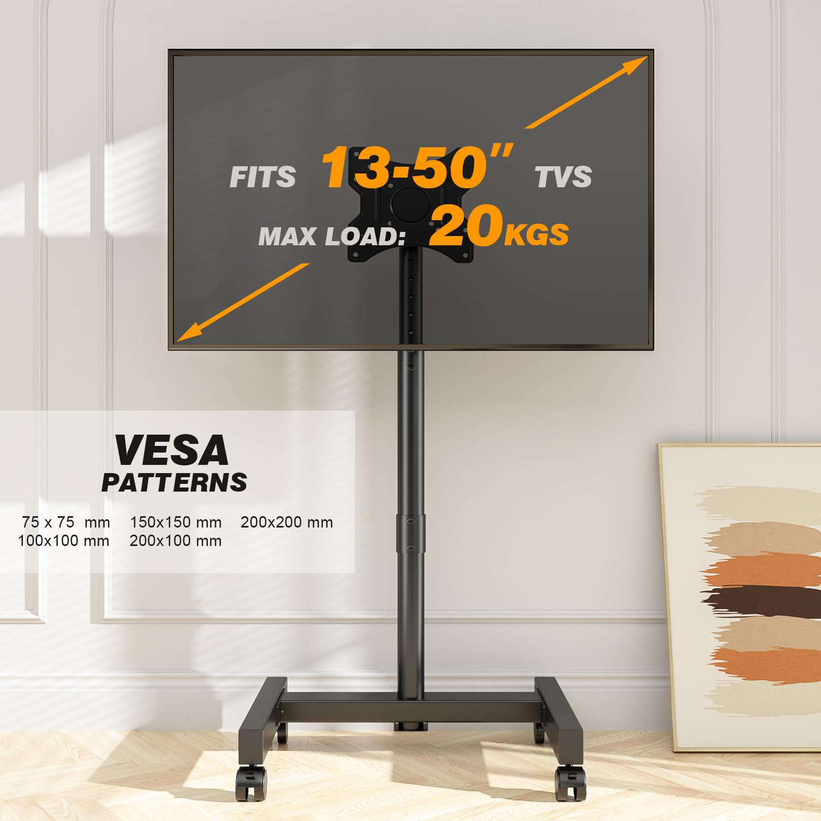 TVON Support TV roulettes Support TV sur Pied Rotation et Inclinaison pour Télé de 13 à 50 Pouces, TV sur Pied Réglable en Hauteur Meuble TV Pied d Angle Jusqu 'à 20 kg,Max. VESA 200x200mm