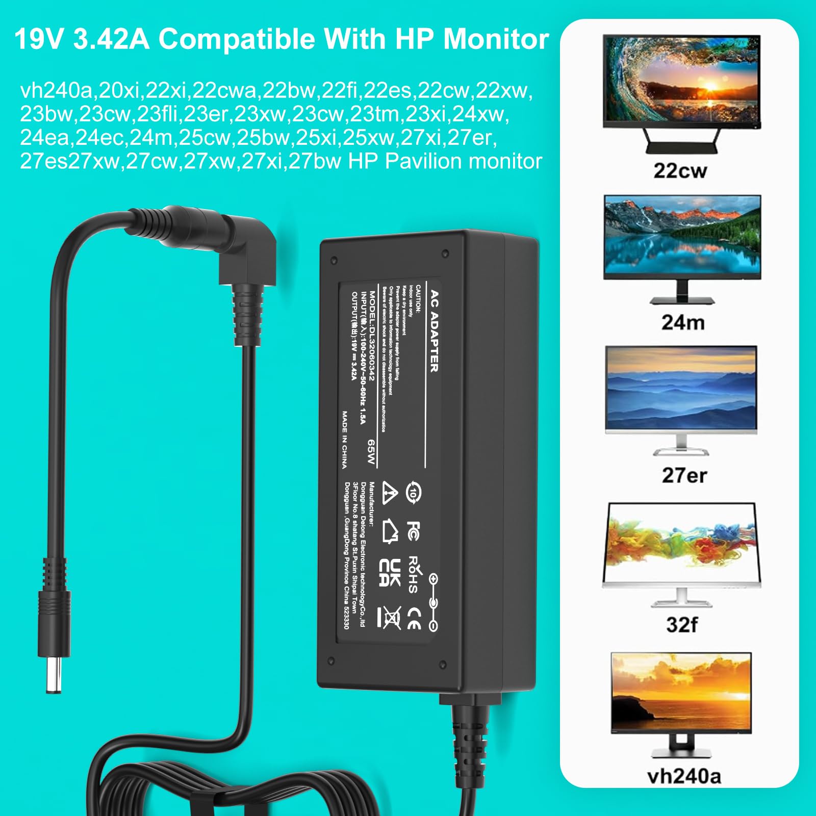 Cargador 65W Compatible con HP monitores LED LCD HD de 27" 25" 23.8" 23" 21.5" 20" 25f 27f 22cwa 27es 27er 27eb 27xi 27xw 27bw 24m 23er 23es 27eb 32f vh240a 24ea 27 25vx ADPC1945 Adaptador