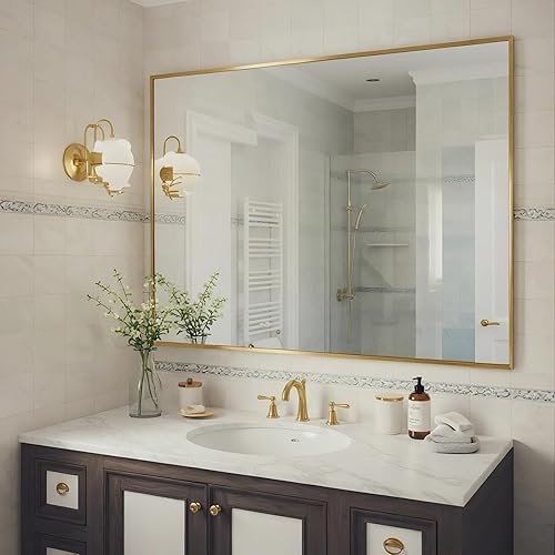 Miniatura 136 de Espejo de baño dorado naranja de 30 x 30 pulgadas para pared, espejo rectangular rectangular con marco de aluminio, moderno grande para dormitorio