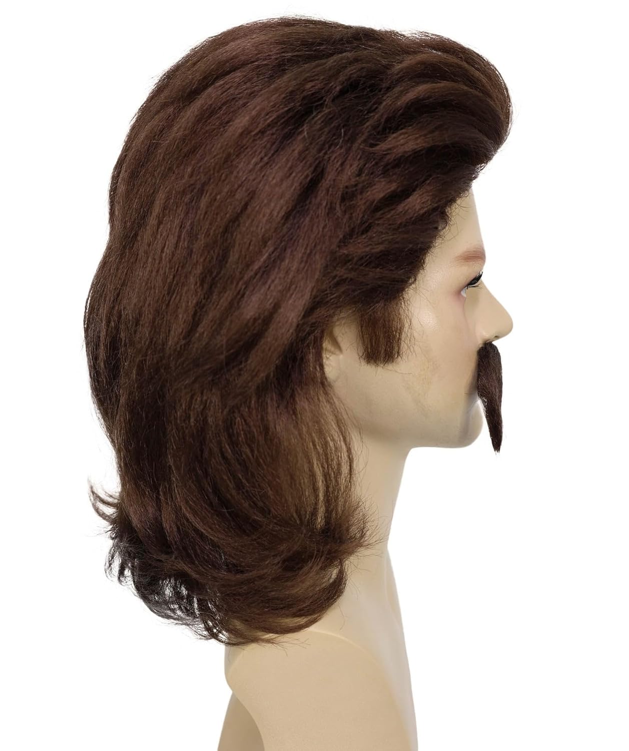 Men’s 70s Dark Brown Mullet Wig with Handlebar Mustache – Classic Wavy Hairstyle for Costume Party Looks | Theatrical Performances Hairpiece for Themed Events