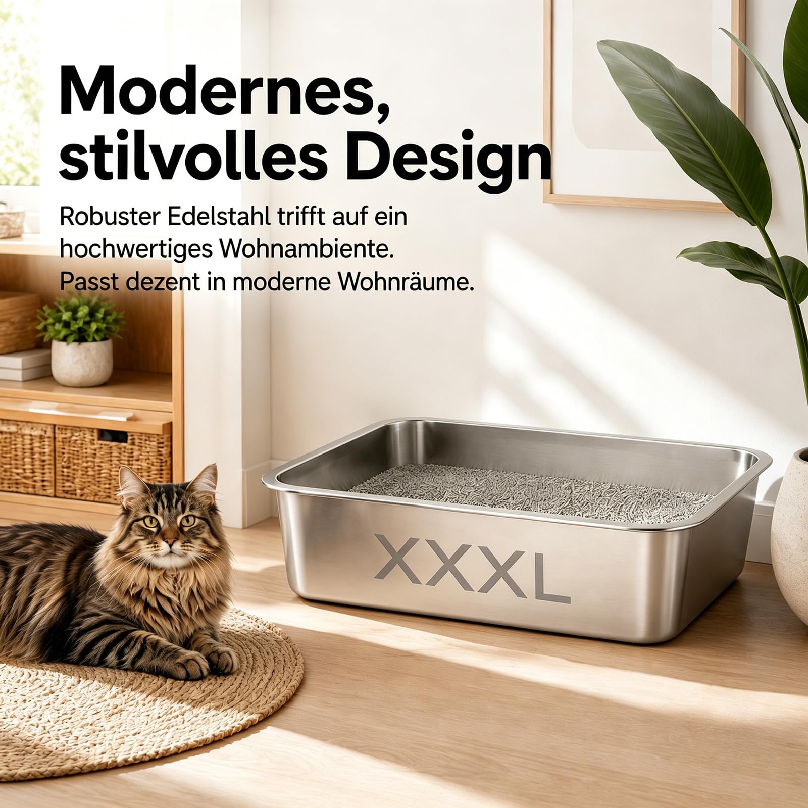 Premium XXXL Katzenklo Edelstahl, 70x50x20 cm Groß Katzentoilette mit Hohen Rand, Rostfrei, Antihaftbeschichtet, Leicht zu Reinigen, mit Schaufel für Große Katzen & Mehrkatzenhaushalte