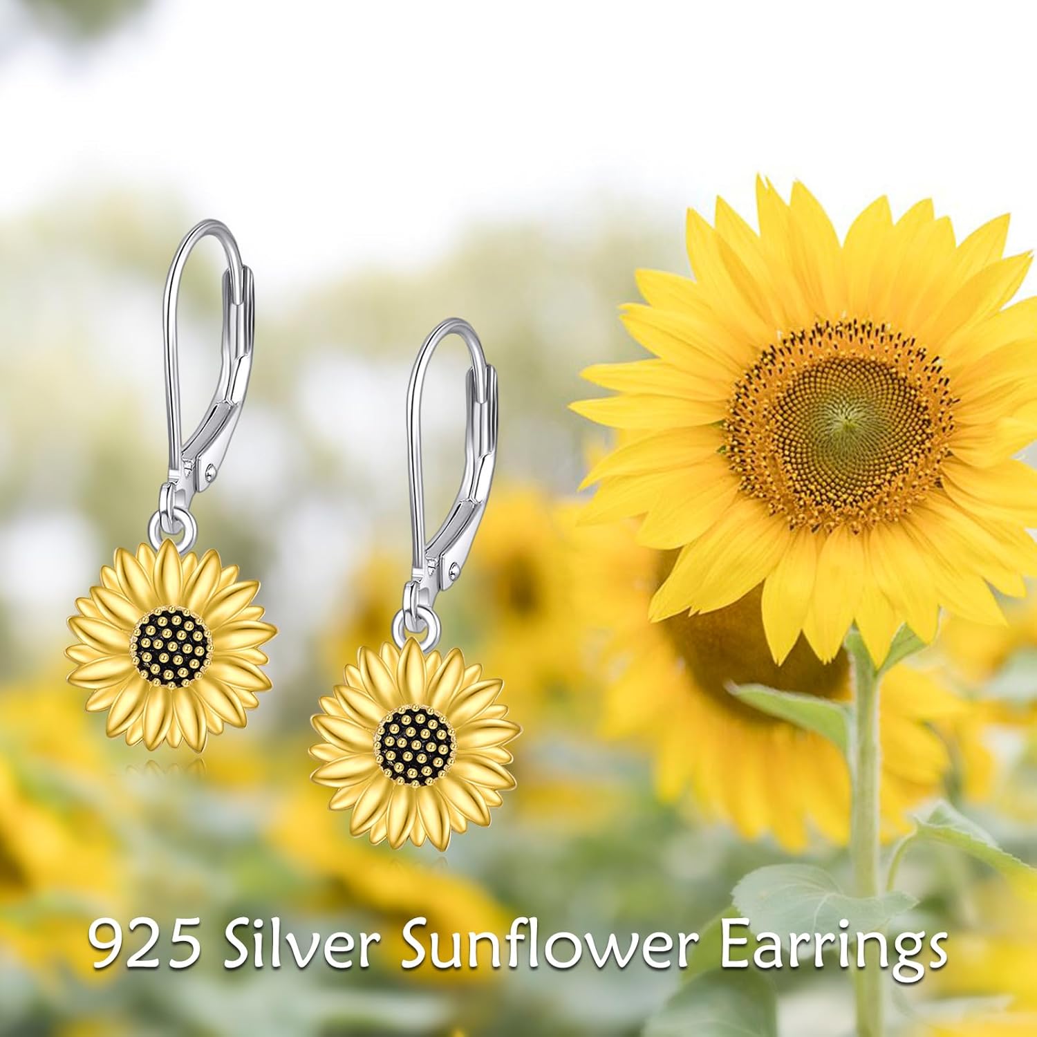 Sunflower Dangle Earrings for Women 925 Sterling Silver Gold Flower Leverback Jewelry Birthday Gifts Anniversary for Wife (Sunflower Dangle)