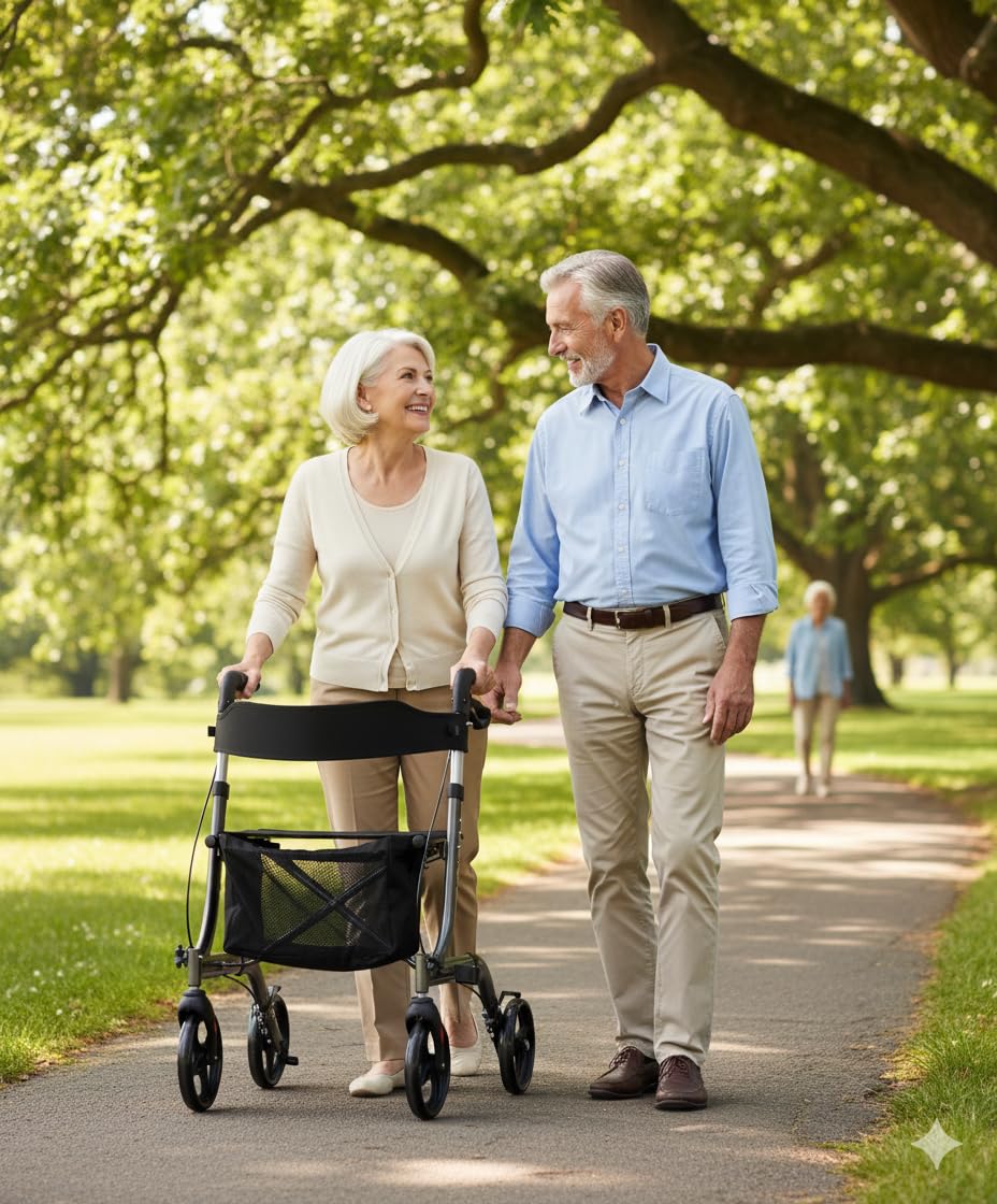 Andador Rollator para minusválidos de aluminio, diseño más moderno y una estructura más completa, ancianos, ligero, plegable, frenos manuales, con asiento, cesta y ruedas giratorias delanteras.