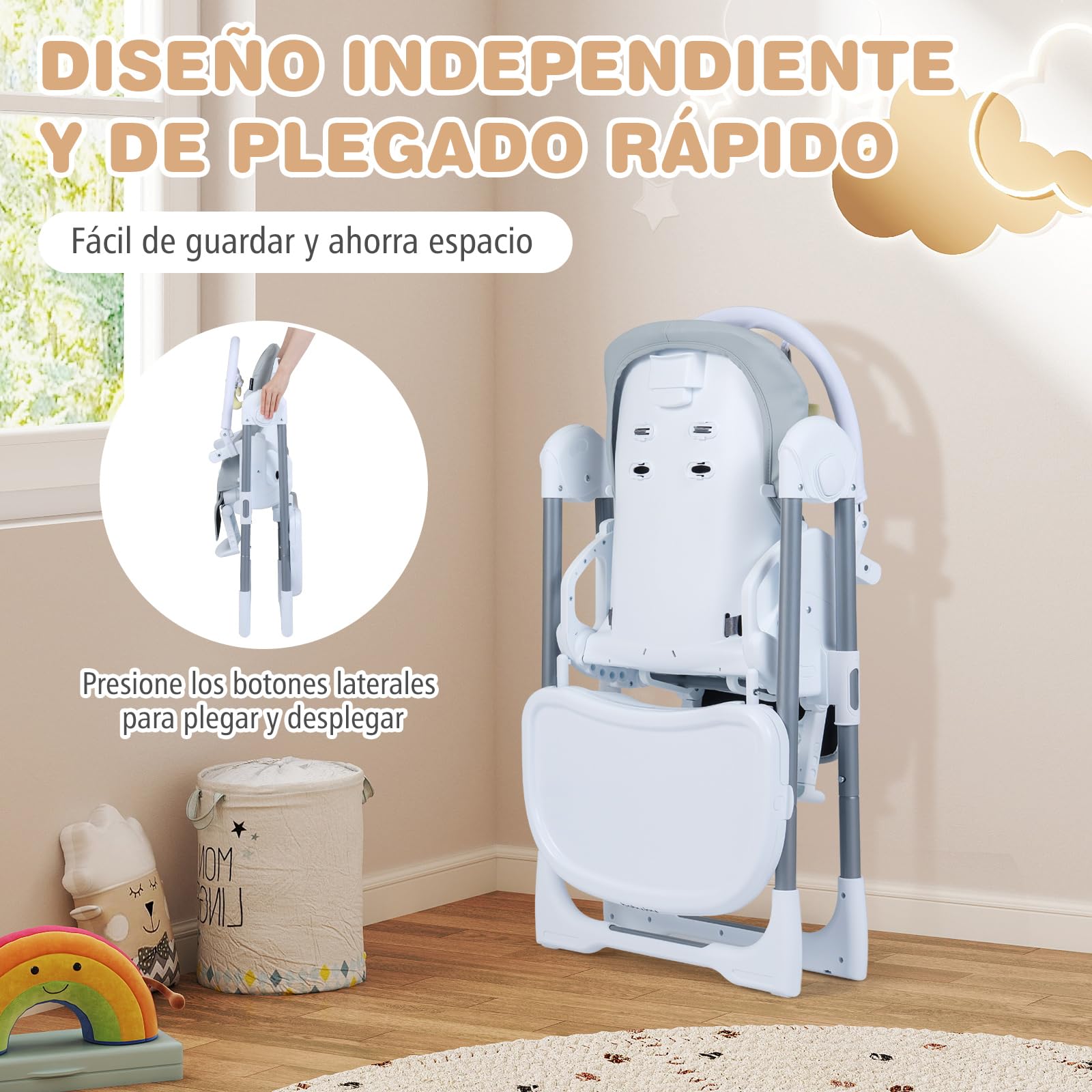 COSTWAY Trona Evolutiva Bebe, Trona Plegable para Bebés, Silla Alta Evolutiva con Altura Ajustable, Respaldo Reclinable, Reposapiés, Arnés de Seguridad, Doble Bandeja, Ruedas (Gris Claro)