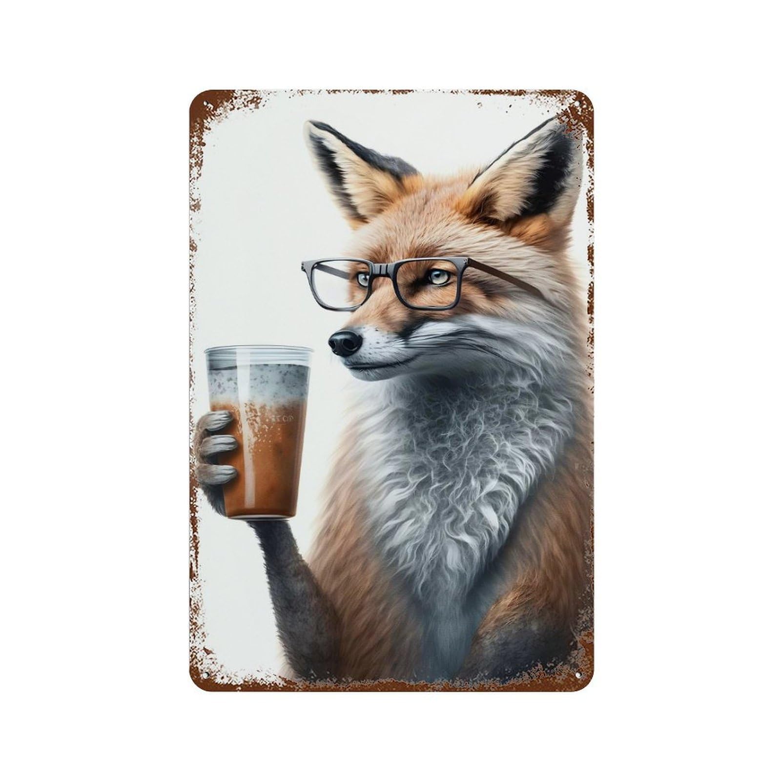 Rust Effect Fox Drinked Espresso Vintage Rust Metal Sign 11.8"x7.9", Old School Wall Decor for Cafe, Home Bar And Lounge Decor