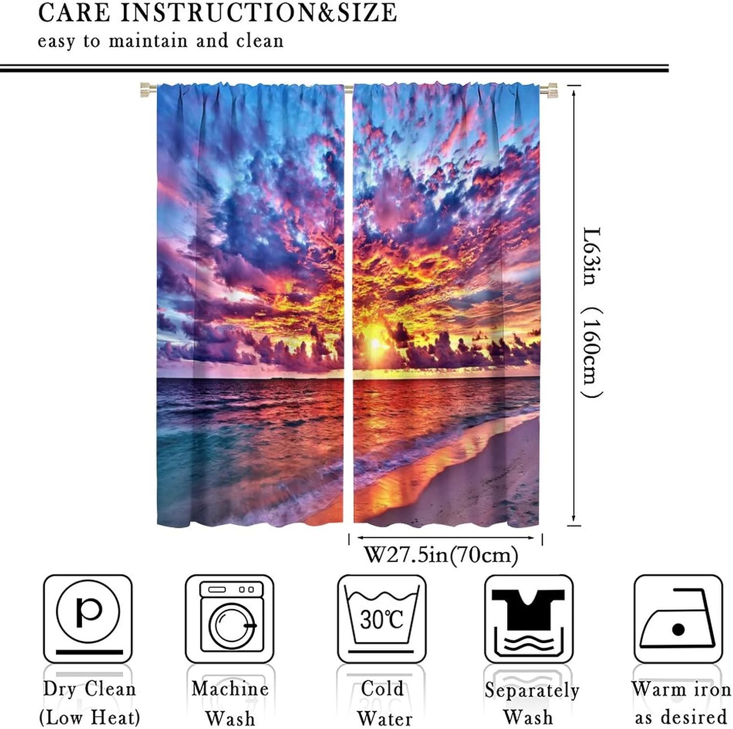 Beach Sunset Curtains Hawaii Beautiful Ocean View Print Pattern Decorative Rod Pocket Blackout Window Drapes 2 Panels Set for Bedroom Living Room Decor 55x63in