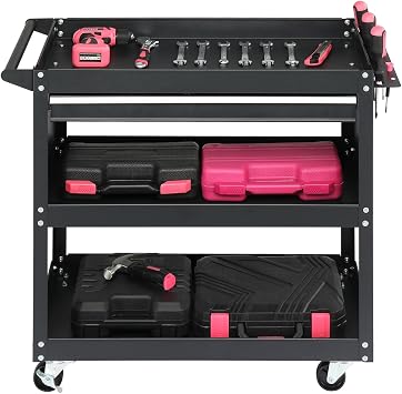 3-Tier Rolling Tool Cart, Heavy Duty Metal Utility Cart with Wheels, Tool Storage Organizer Cart, 330 lb Load Large Capacity Tool Cart for Garage, Workshop, Black