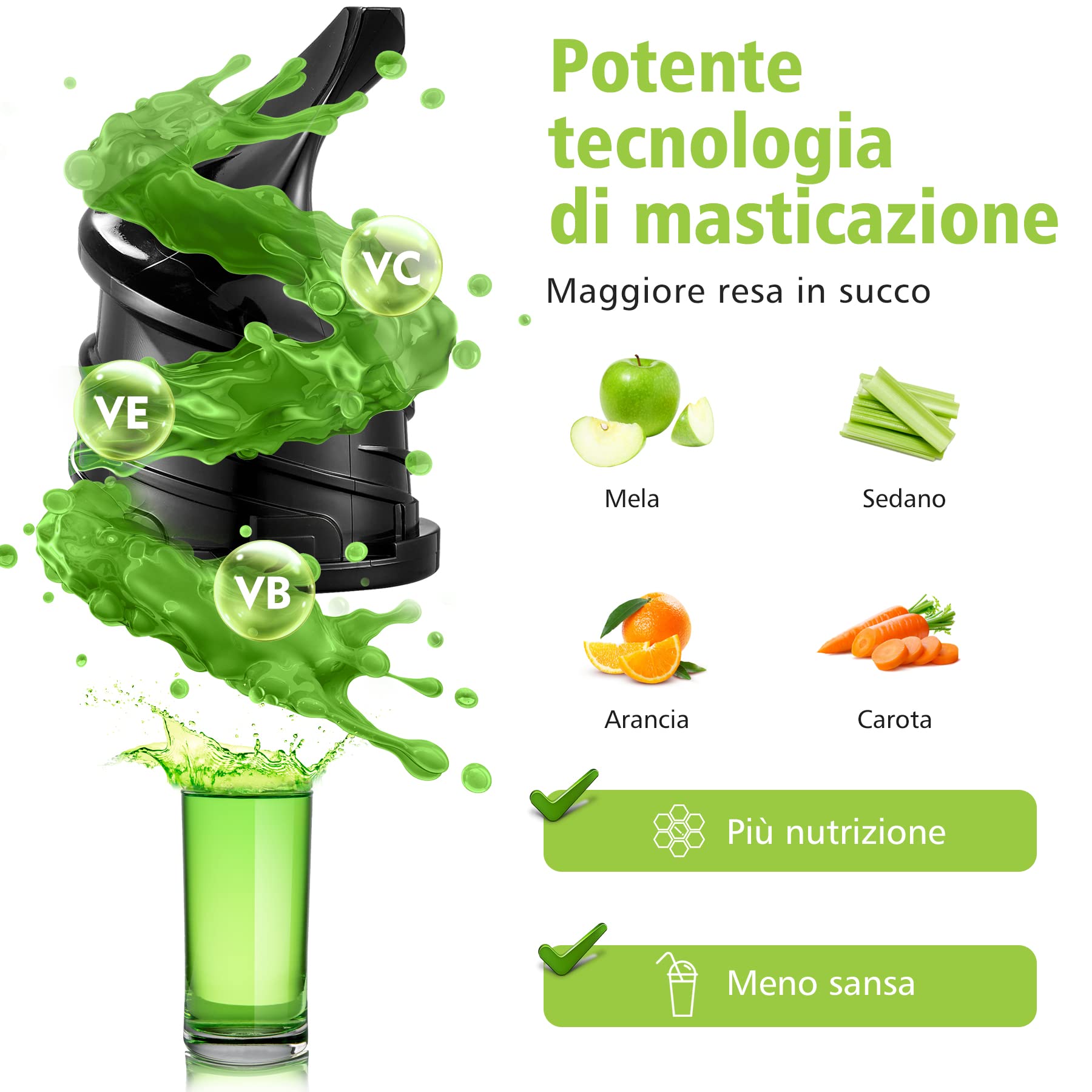 AOBOSI Estrattore frutta e verdura 200W-Estrattore di succo con funzione di inversione e due dimensioni di filtro-Estrattore frutta e verdura a freddo per frutta e verdura con chip intelligente.Verde