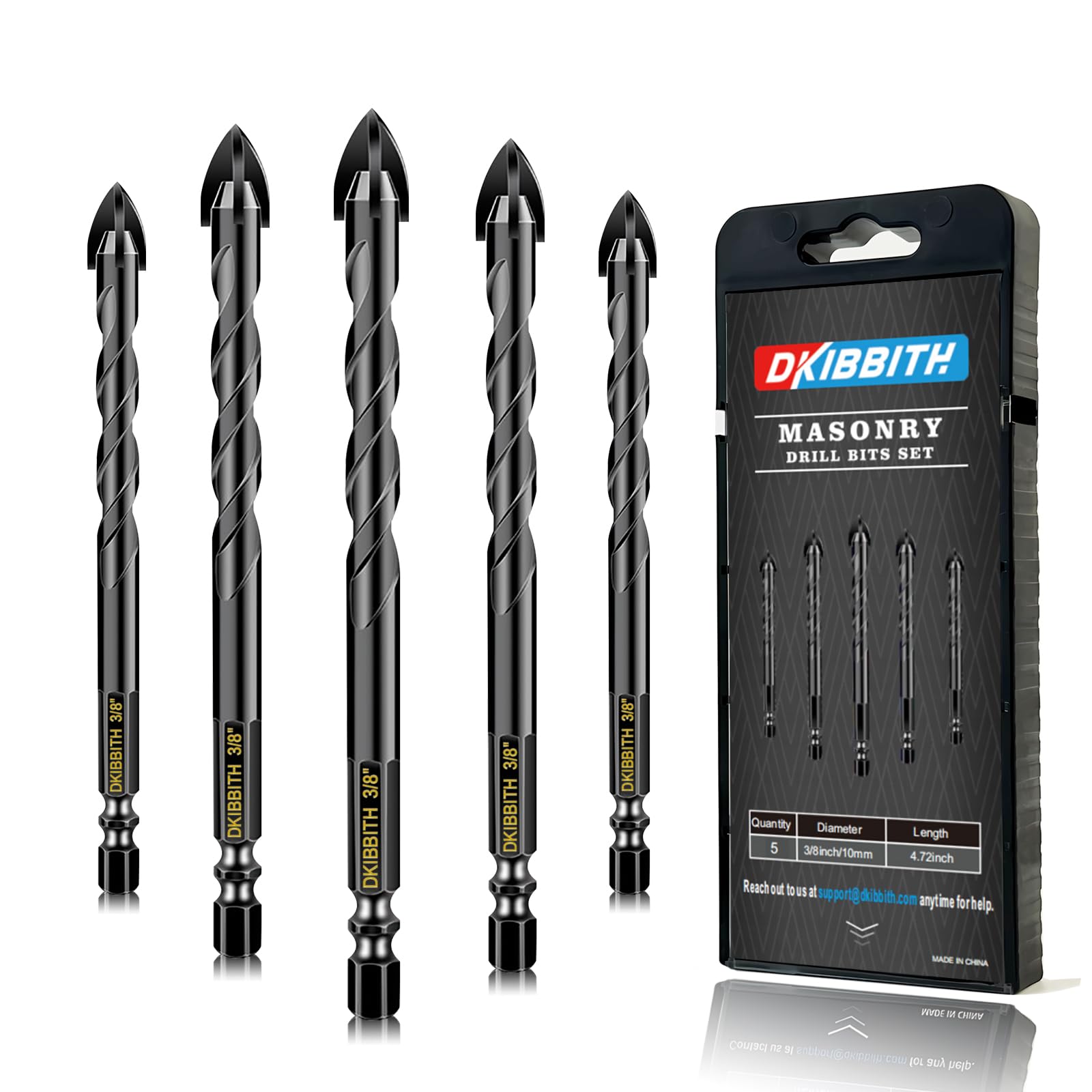 5 Pcs 3/8" Masonry Concrete Drill Bit Set for Tile Brick Glass Plastic Wood, Cross Tungsten Carbide Tip, Hex Shank, Work with Ceramic Porcelain Tile