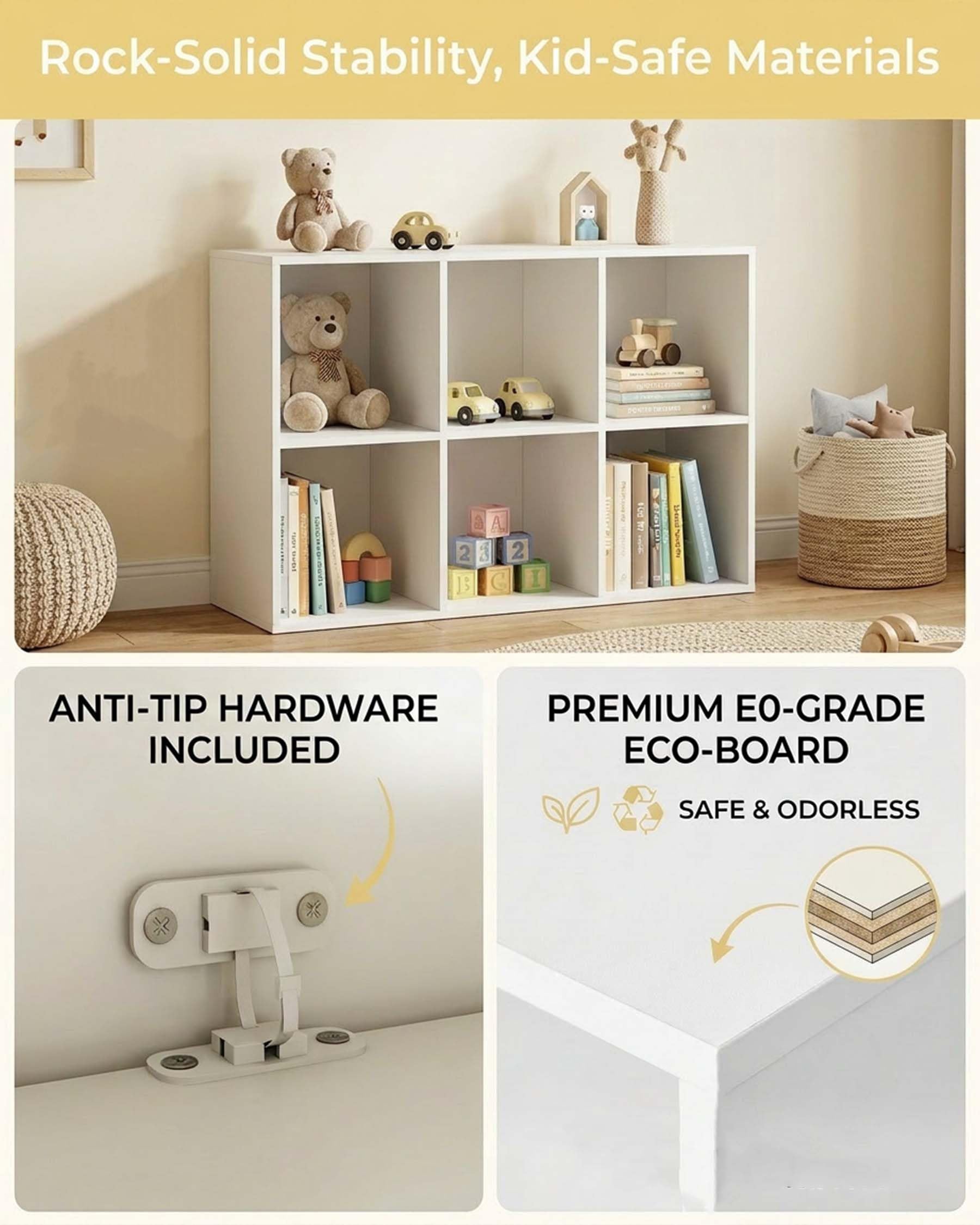 Libreria Bambini e Scaffale Portatutto - Mobiletto Organizzatore Giocattoli Bianco, Scaffale con 6 Cubi, Mobile Contenitore Stabile per Cameretta e Salotto, 92.5x29x62 cm
