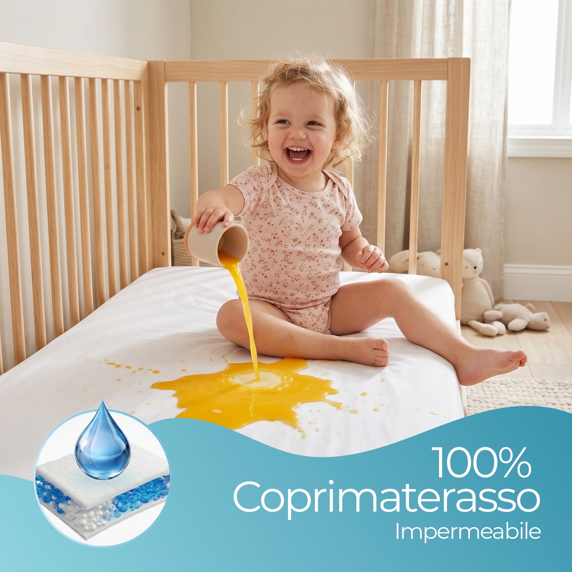 Comfier Sleep Set 3 Pezzi Con 2 Lenzuola Lettino Neonato 60x120 100% Cotone Con Angoli Biologico e 1 Coprimaterasso Lettino 60x120 100% Bambù Impermeabile, Bianco