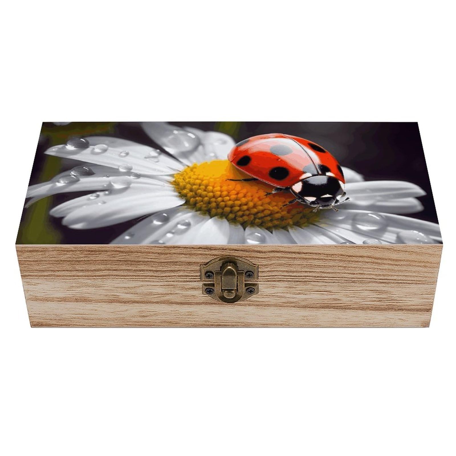 LZQPOEAS Ladybug on Daisy Flower Wooden Storage Box Small Decorative Box with Hinged Lid Handmade Elegant Keepsake Storage Box for Jewelry, Photos, Trinkets, Letter Gifts, Small Heirlooms